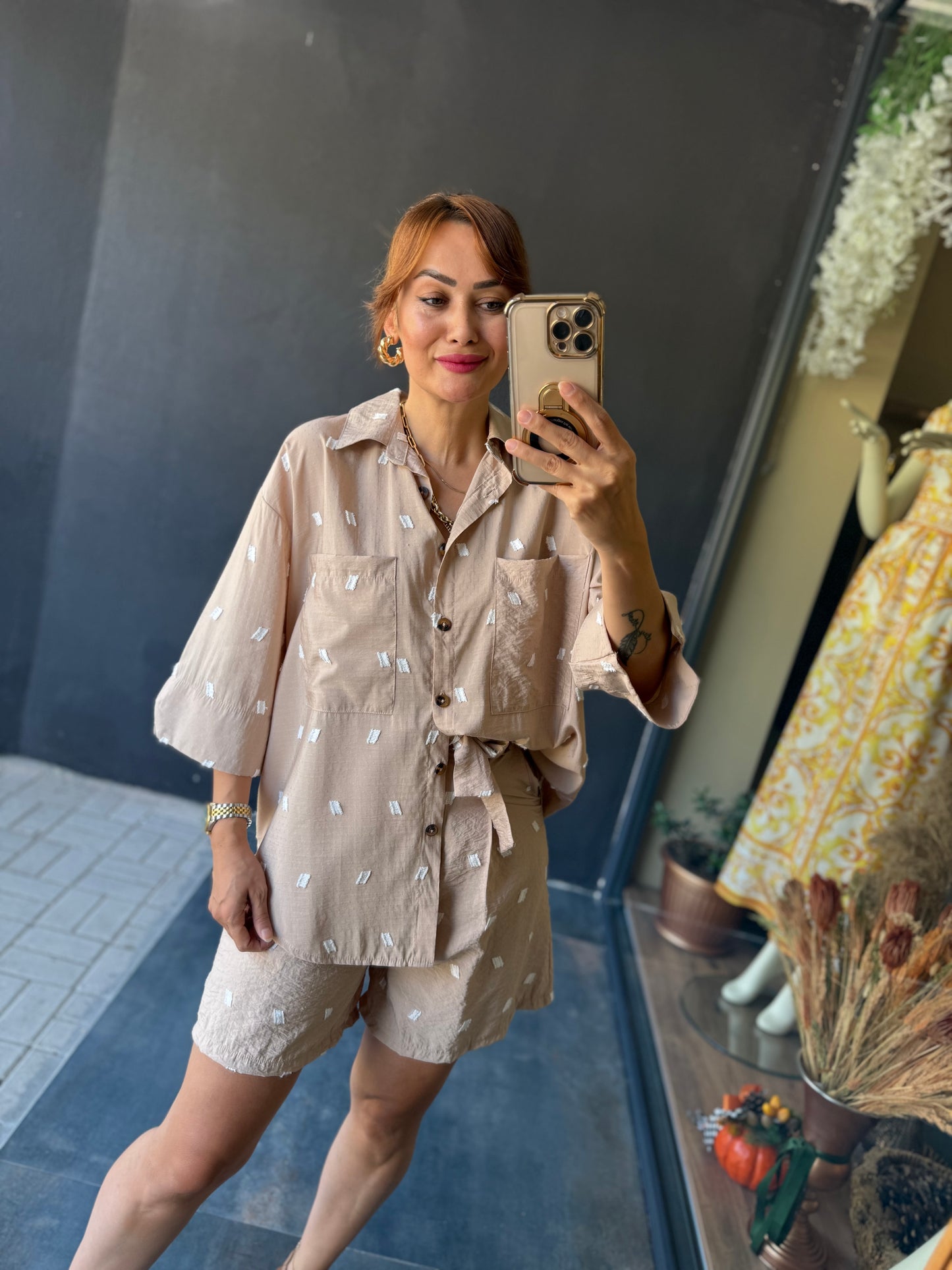 Astra Krem Şort & Gömlek Takım