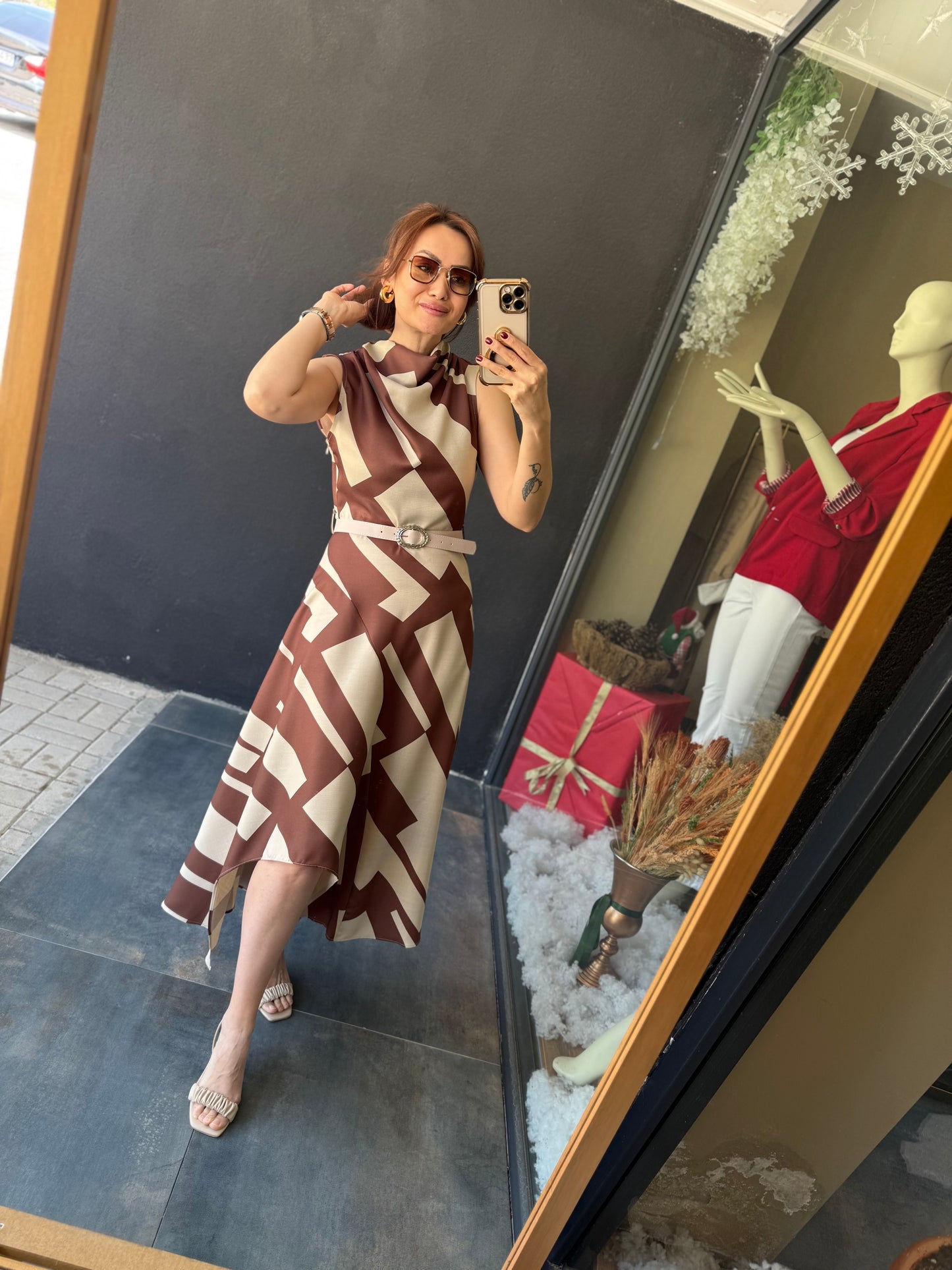 Alba Kahve Keten Midi Elbise