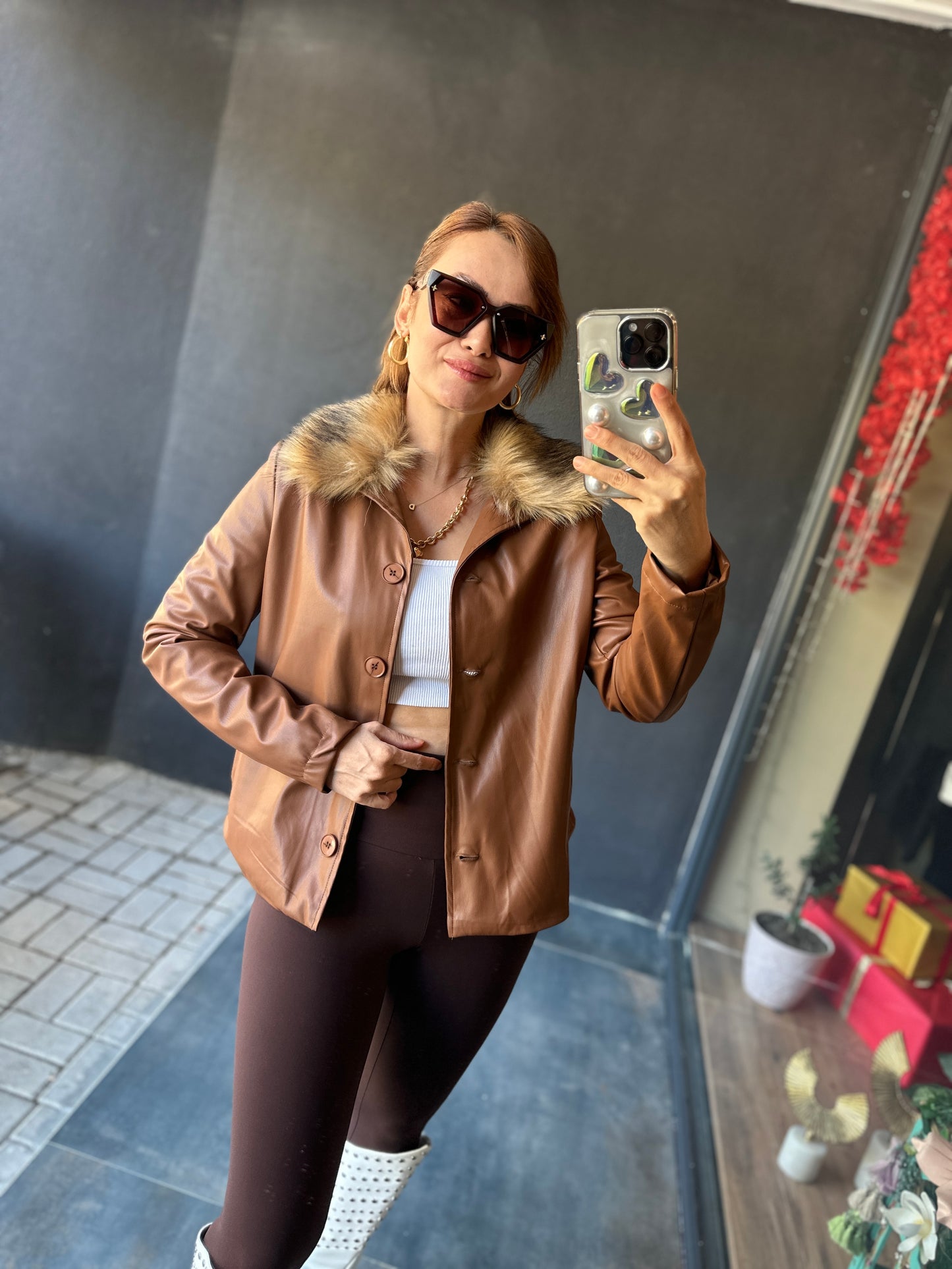 Opi Camel Kürklü Deri Ceket