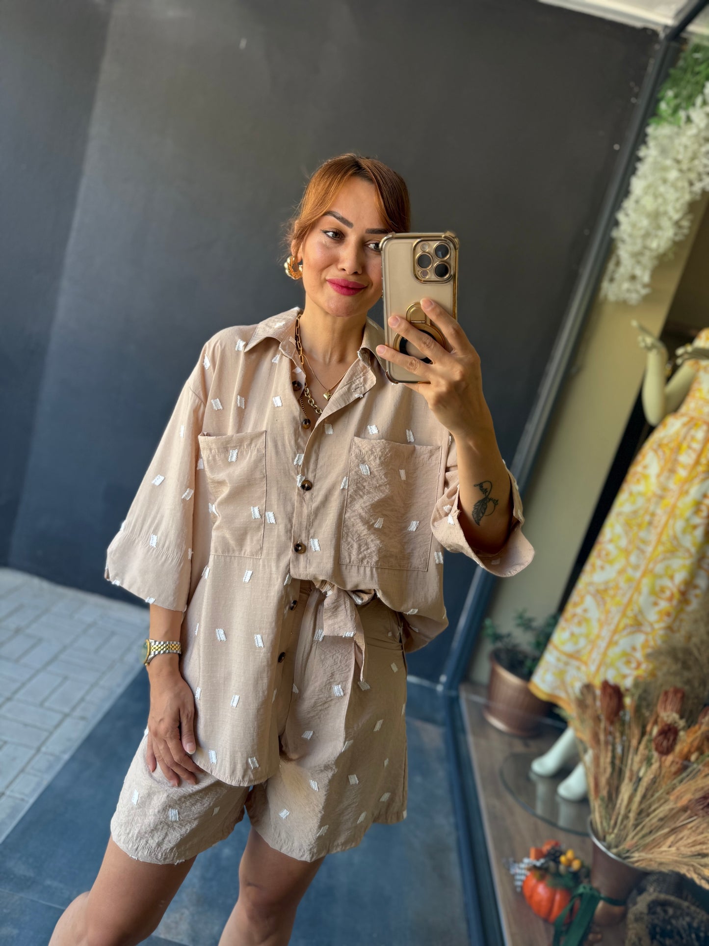 Astra Krem Şort & Gömlek Takım