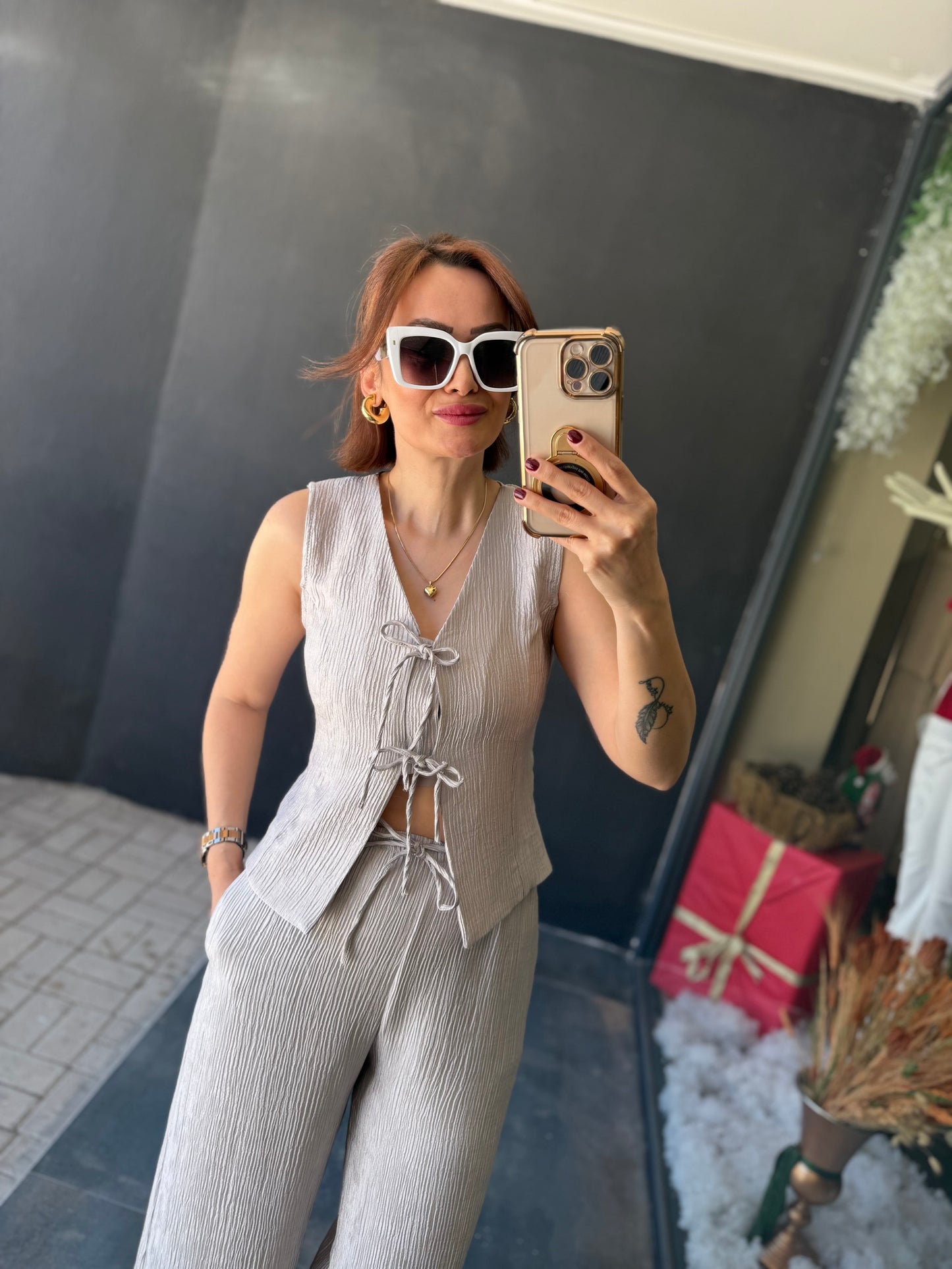 Melina Gri Müslin Yelekli Takım