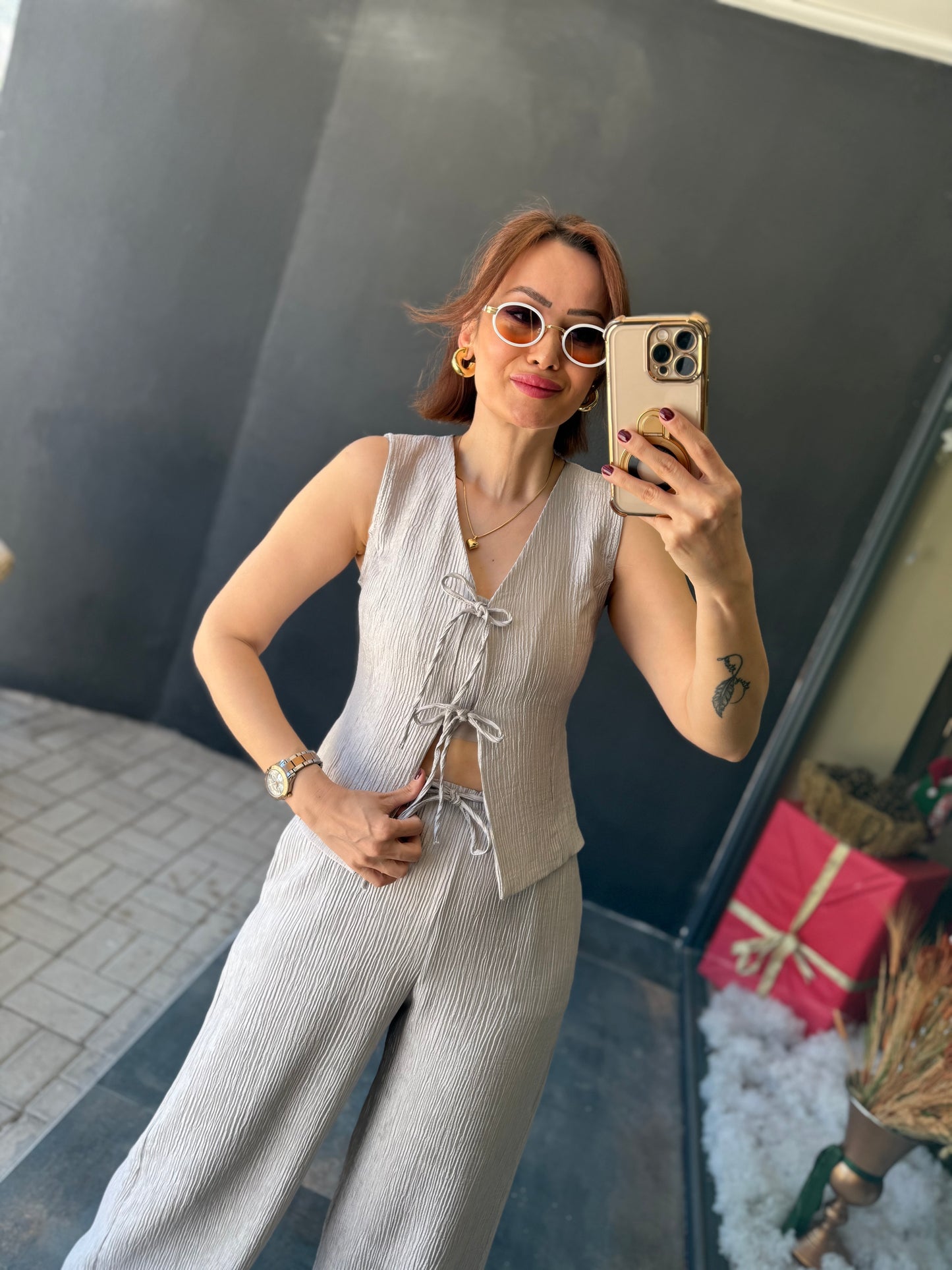 Melina Gri Müslin Yelekli Takım