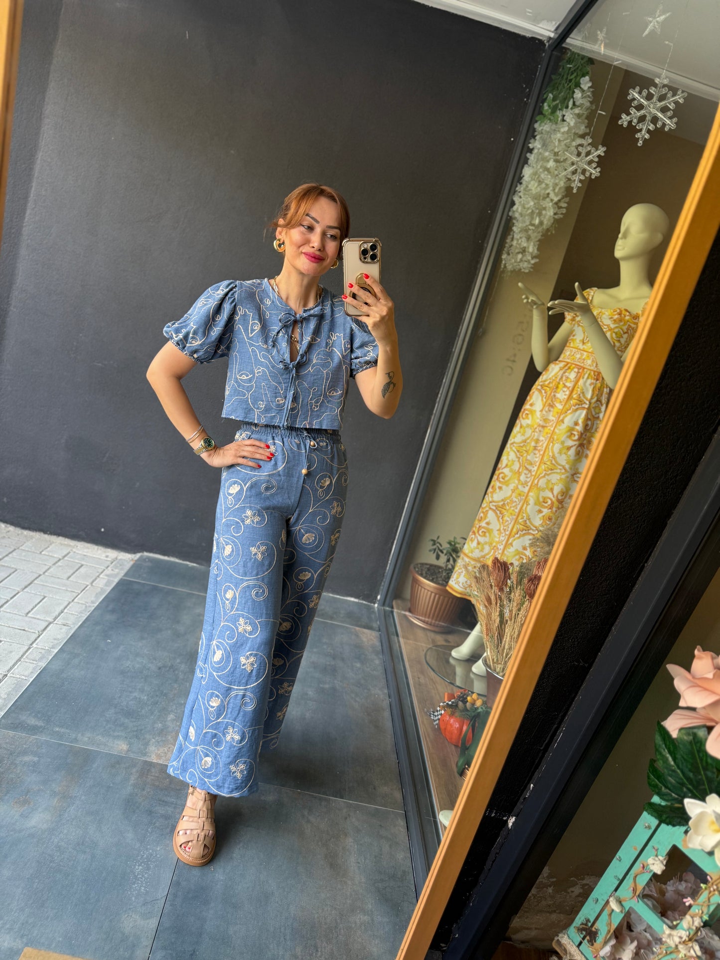 Cutest Mavi Nakışlı Pantolon Takım