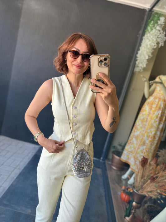 Haida Sarı Çizgili Jean Keten Takım