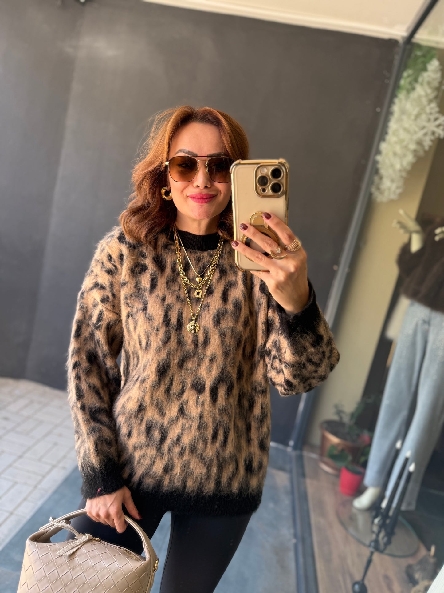 Ozi Kahve Leopar Kaşmir Kazak