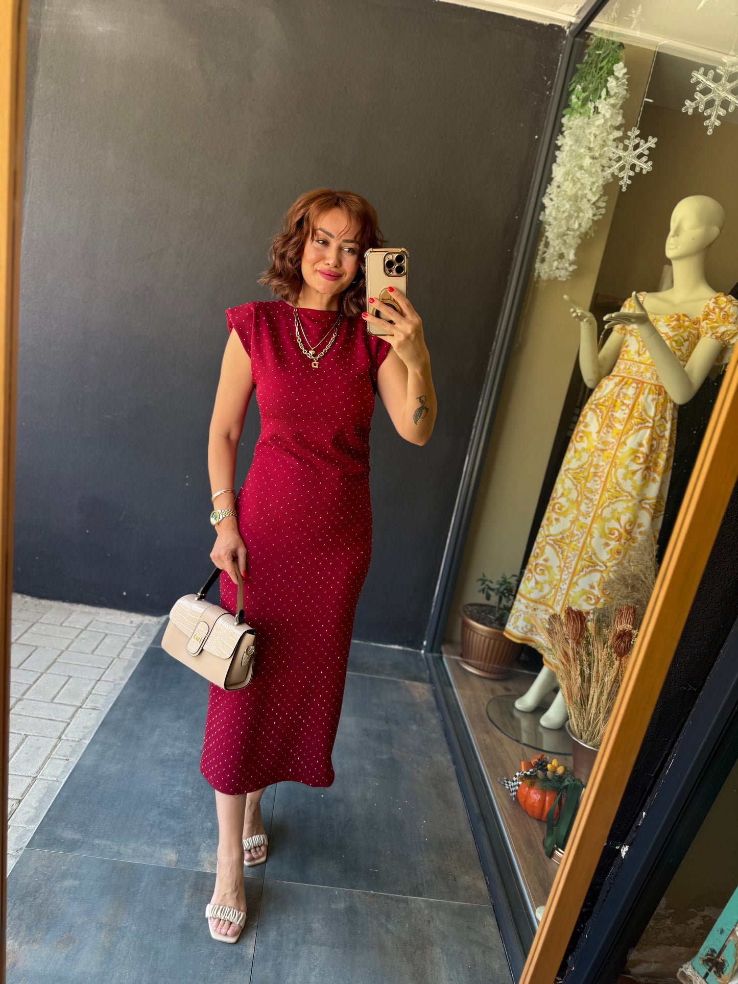 Shine Buzy Bordo Kalem Elbise
