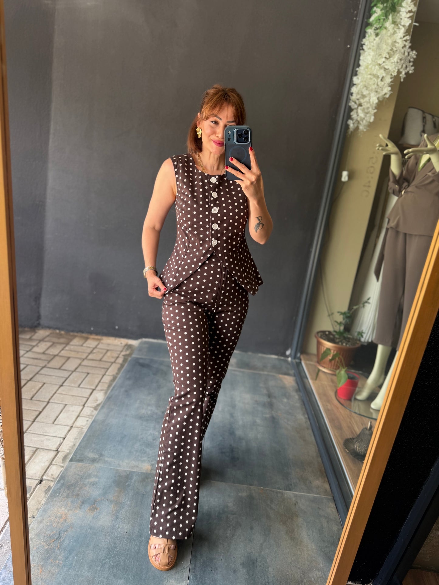 Kahve Puantiyeli Vintage Pantolon Takımı