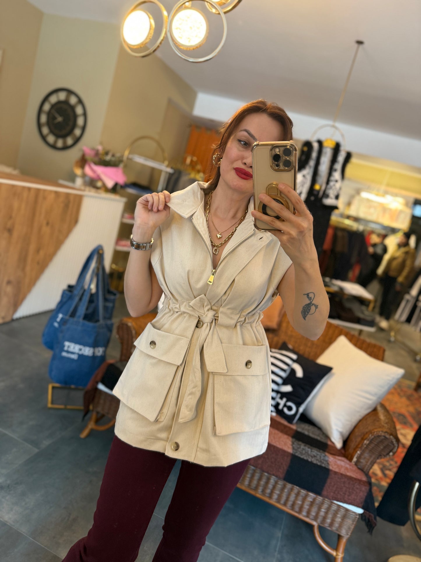 Deka Bel Bağlamalı Keten Yelek