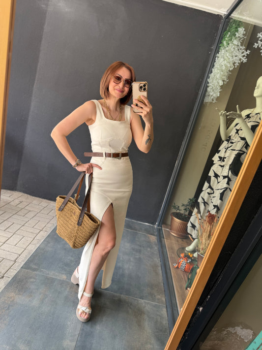 Ginger Krem Jean Elbise