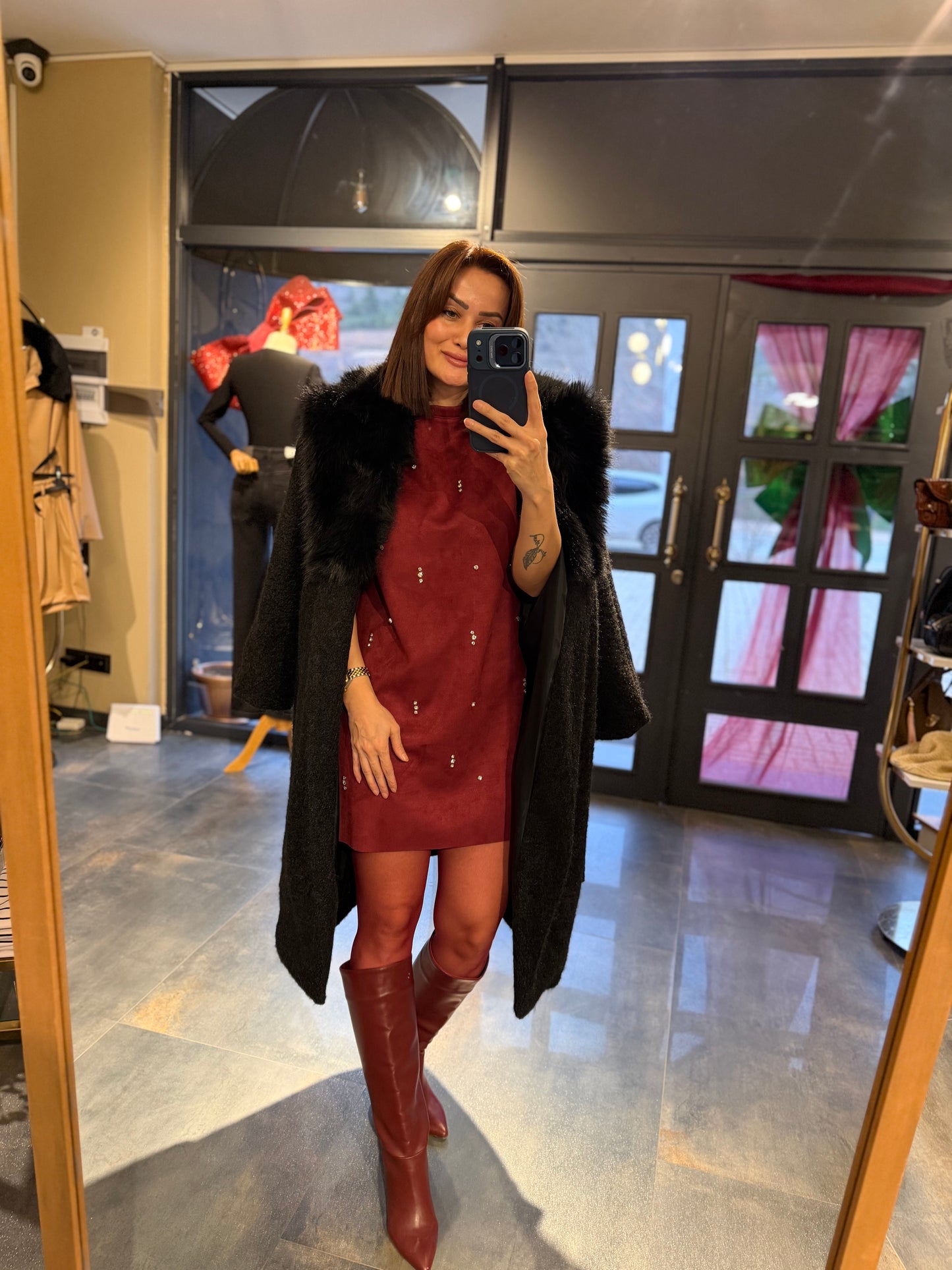 Moss Bordo Süet Taş Detay Elbise