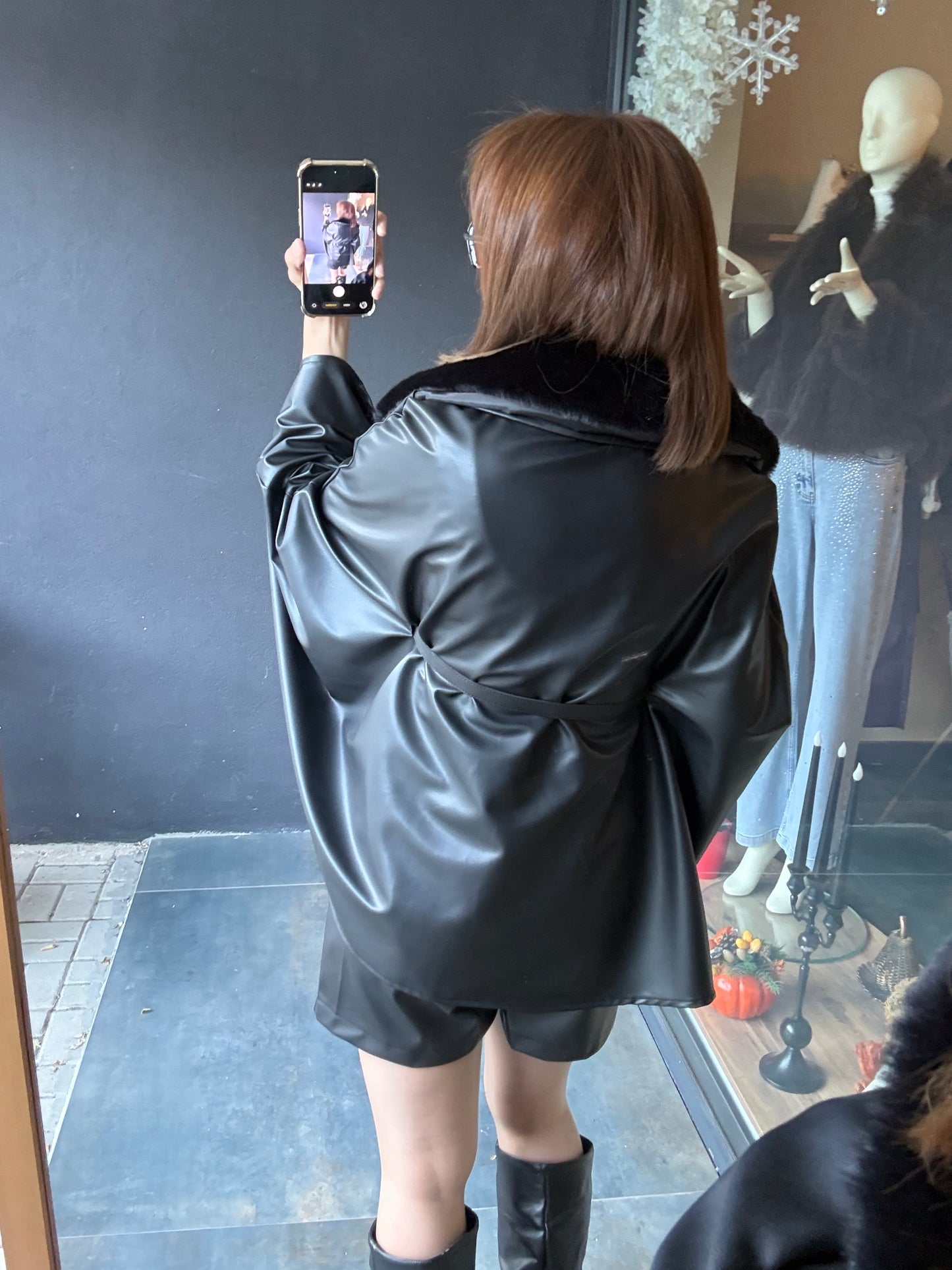 Bolonya Siyah Deri Panço & Şort Takım