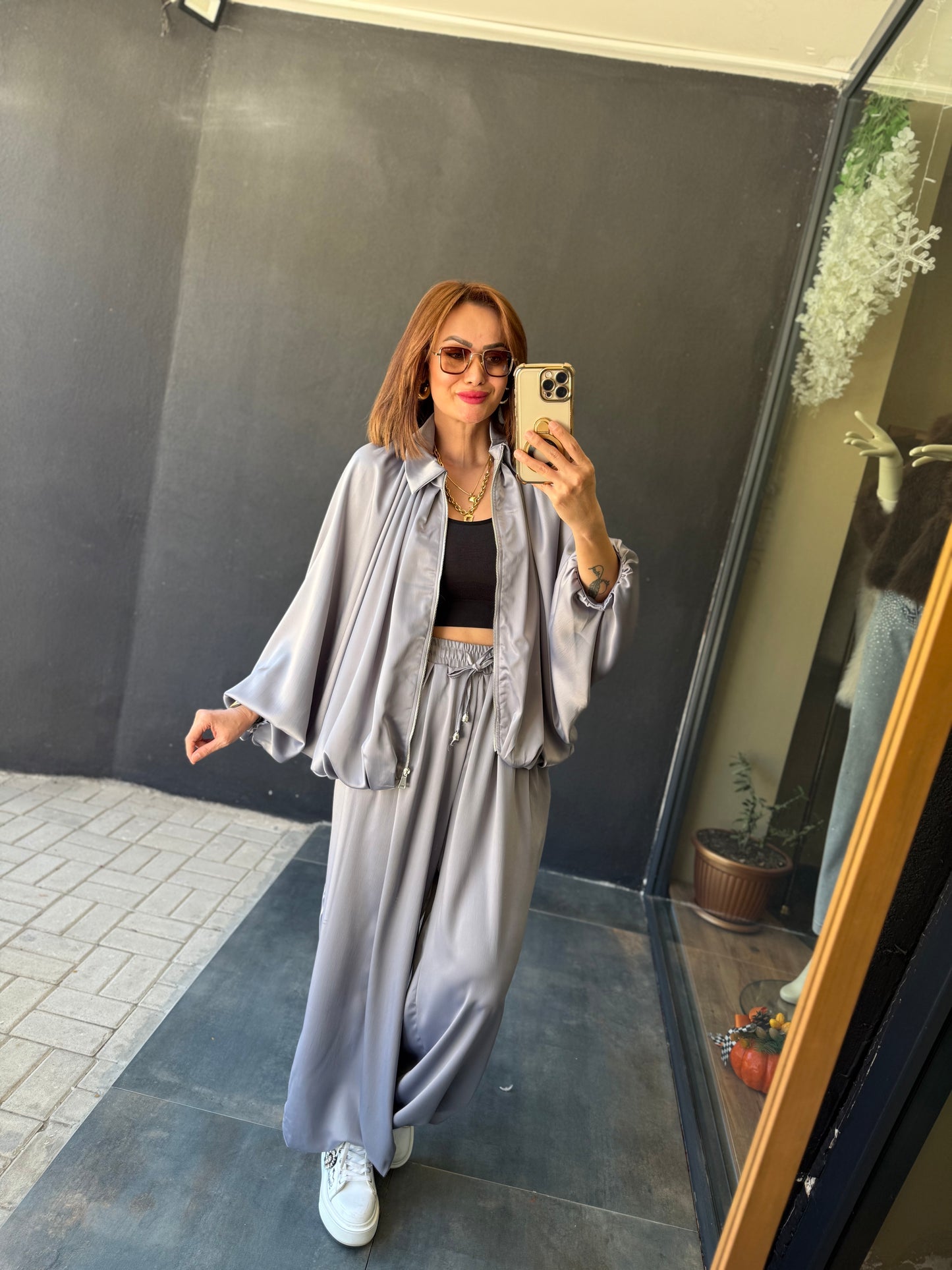 Cardinal Gri Saten Bomber Takım