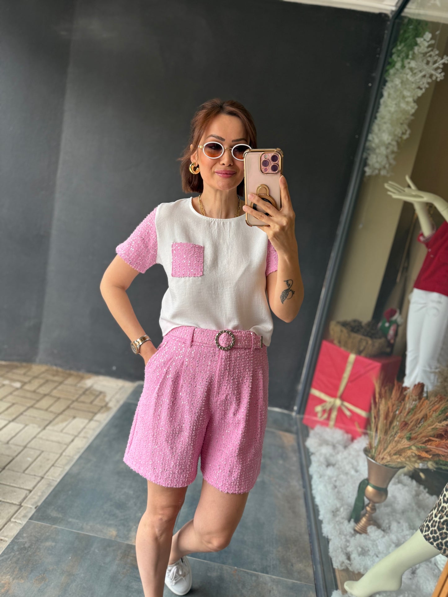 Mello Pembe Taşlı Şort Takım