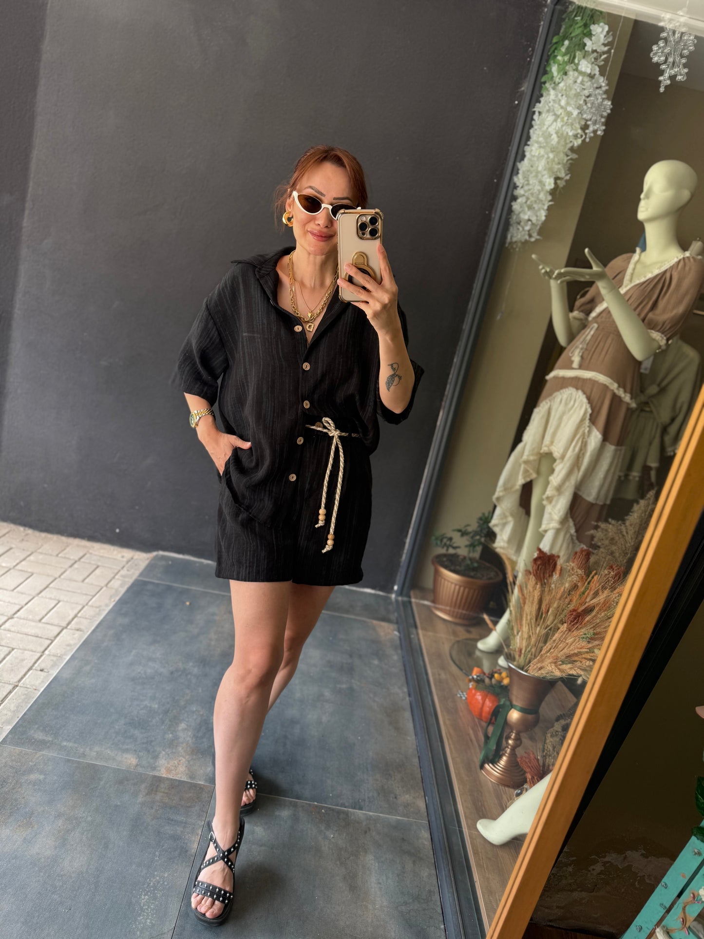 Bandido Siyah Keten Şort Takım