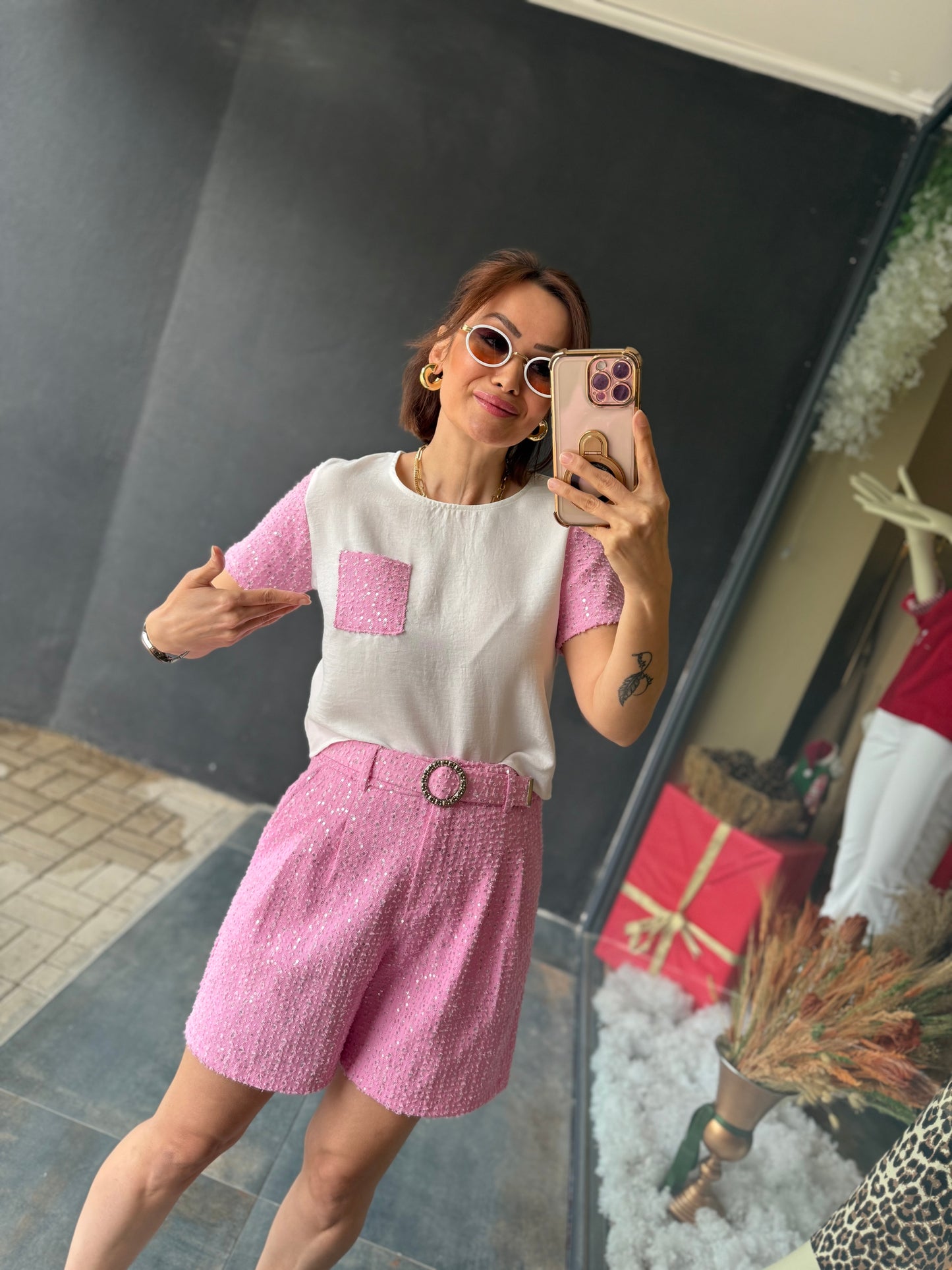 Mello Pembe Taşlı Şort Takım