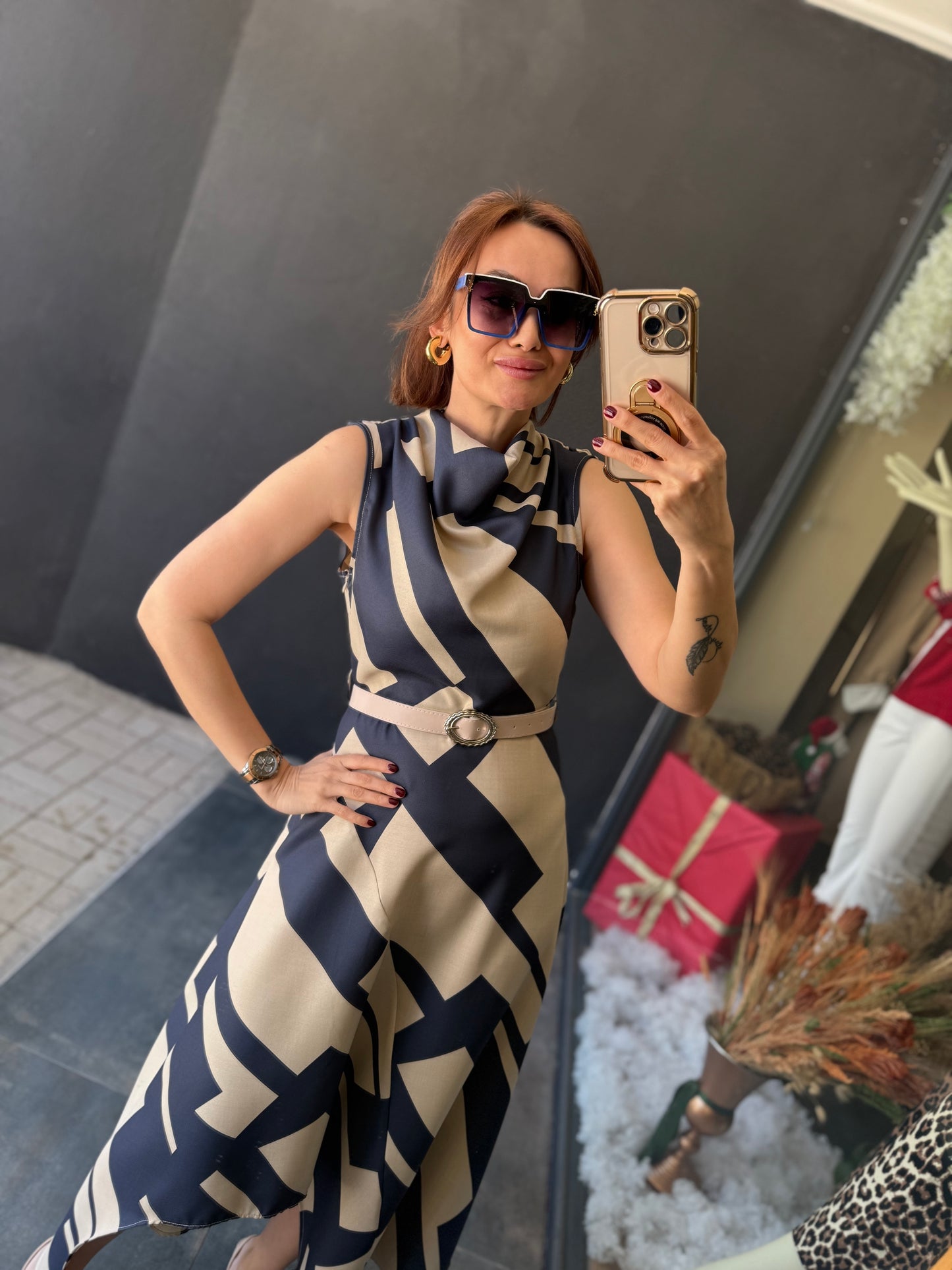 Alba Lacivert Keten Midi Elbise