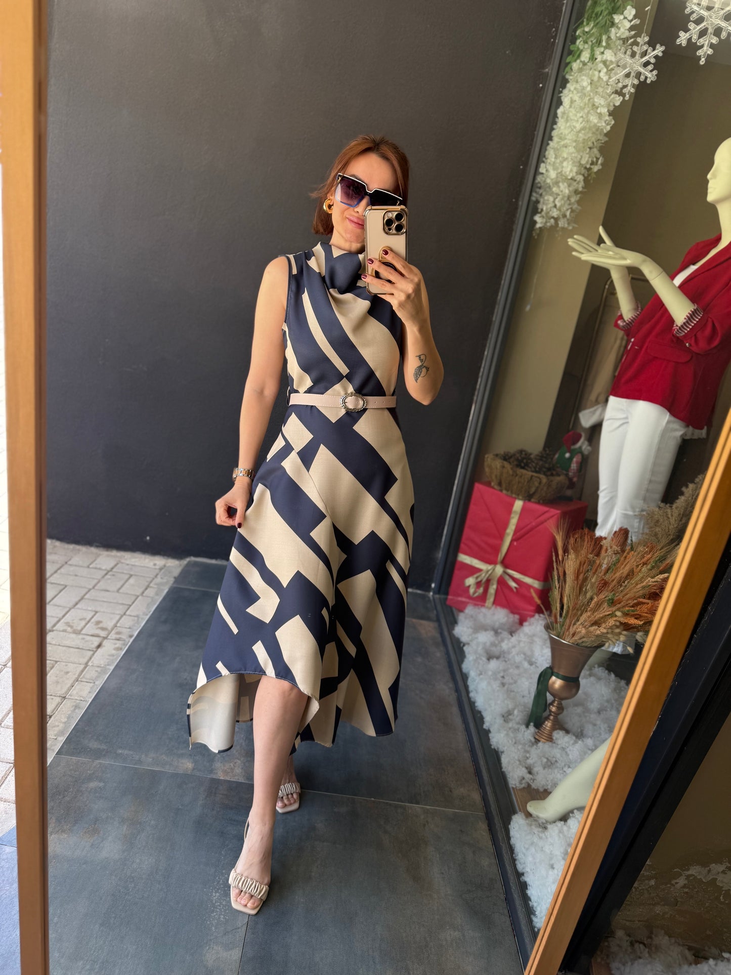 Alba Lacivert Keten Midi Elbise