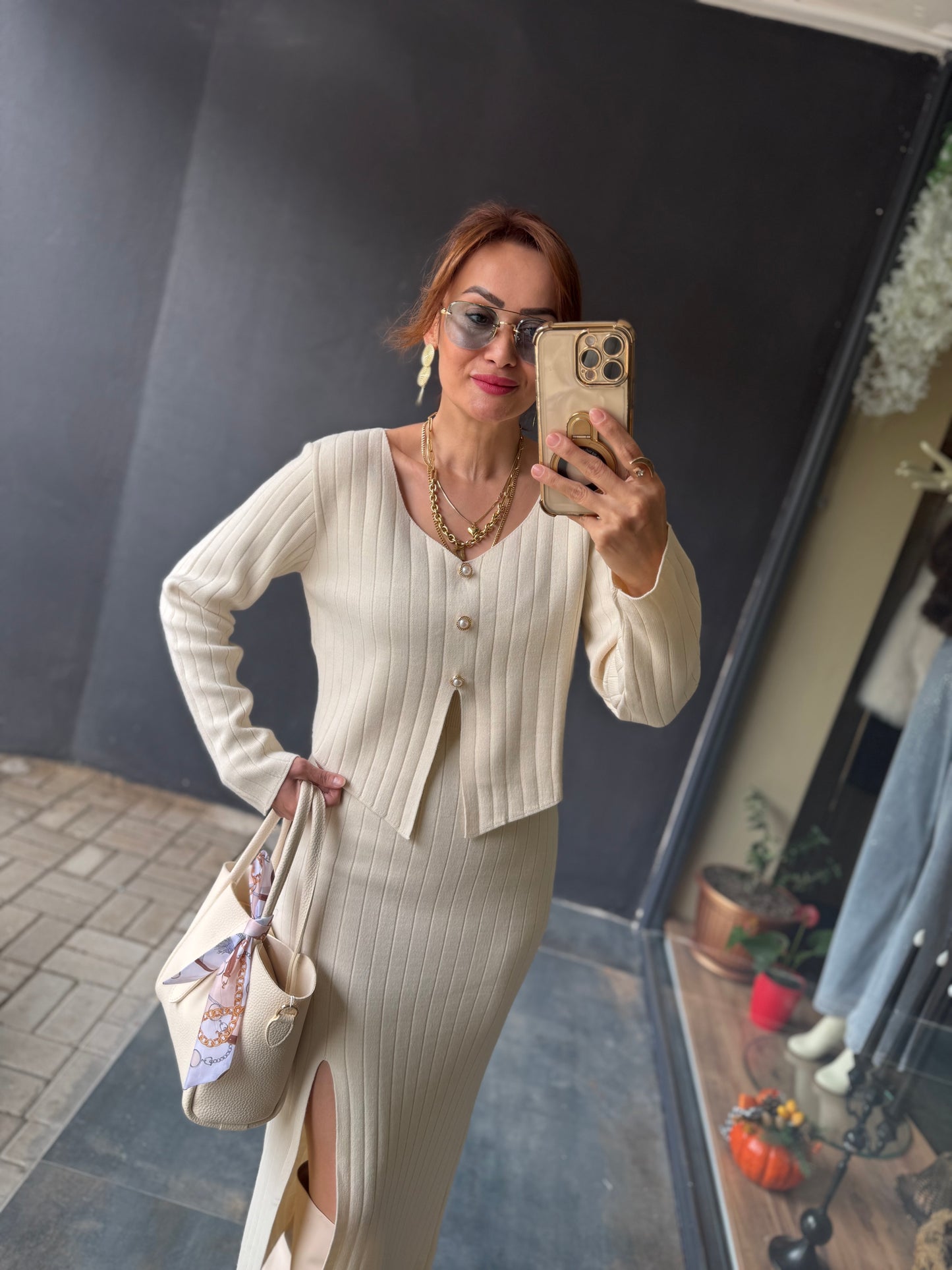 Tria Bej Triko Etek & Bluz Takım