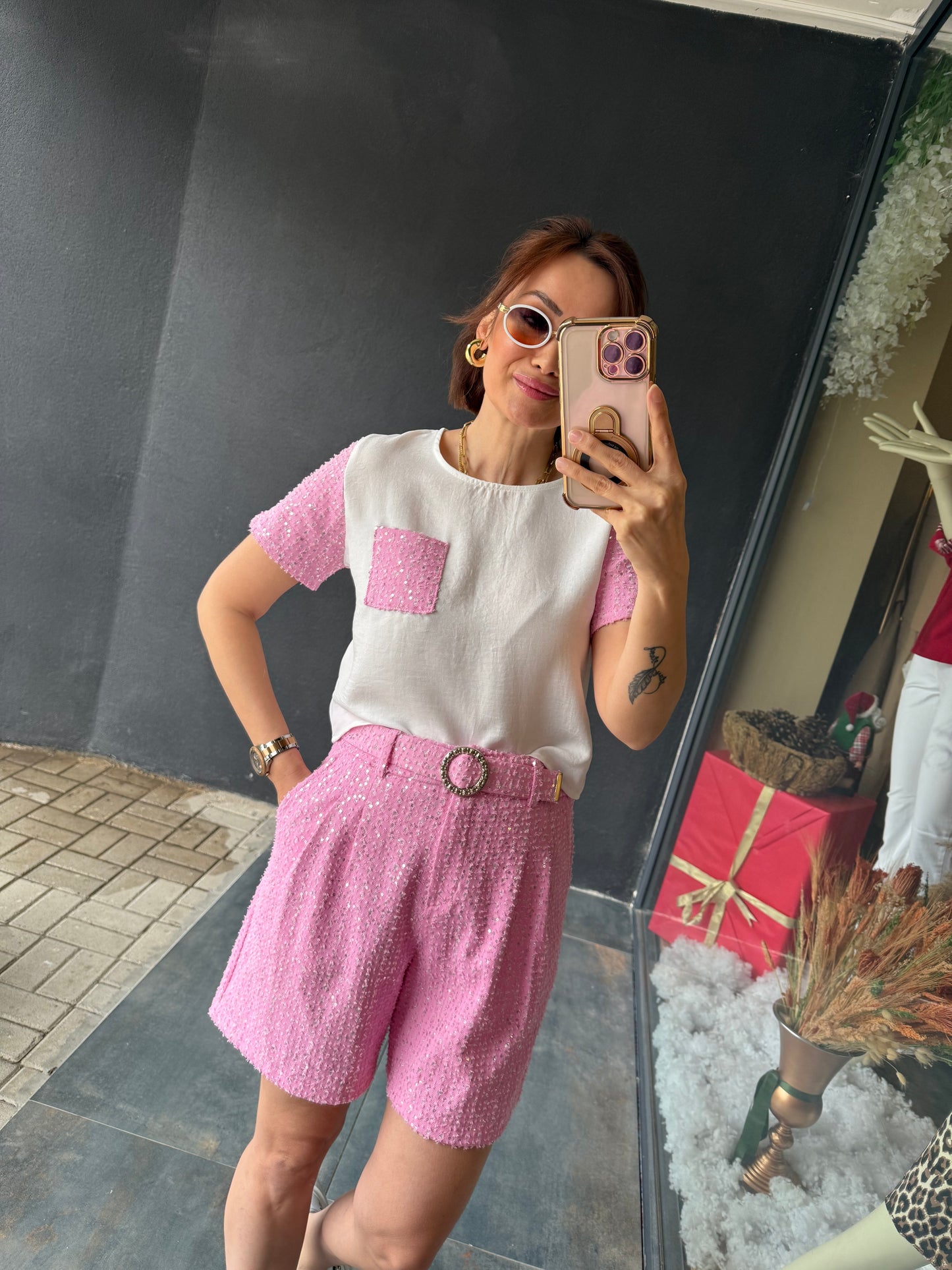 Mello Pembe Taşlı Şort Takım