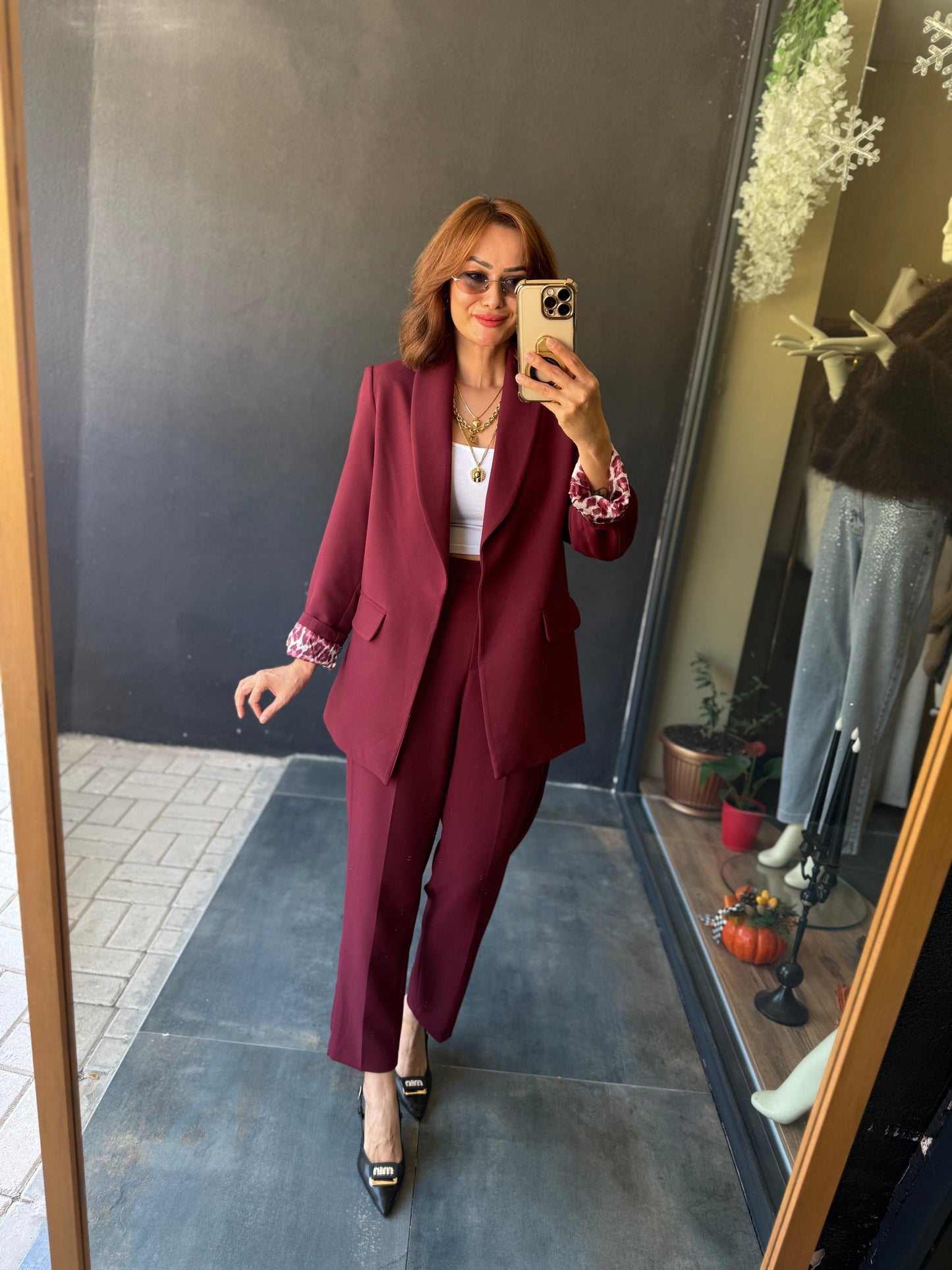 Melanj Bordo Ceket&Pantolon Takım