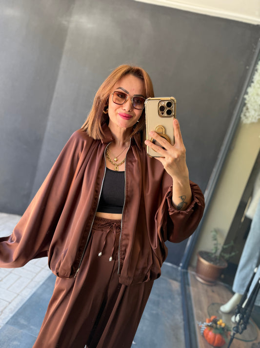 Cardinal Kahve Saten Bomber Takım