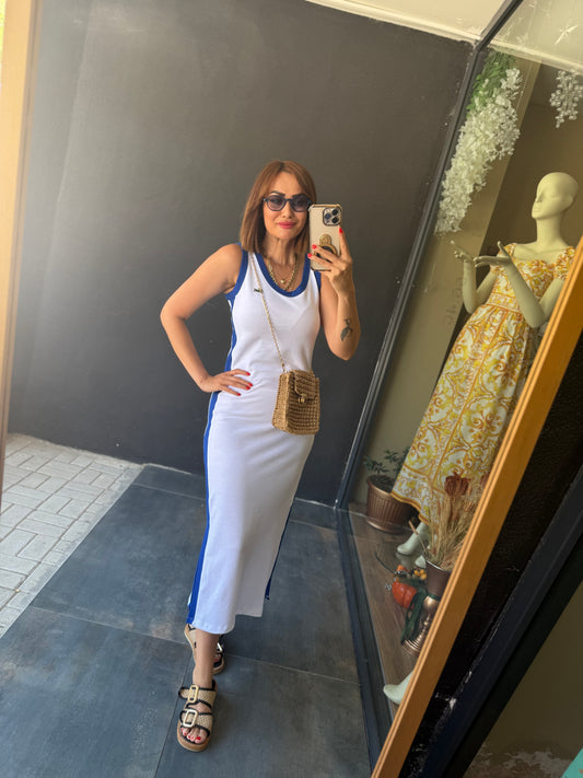 Shazam File Kumaş Beyaz Mavi Şeritli Elbise