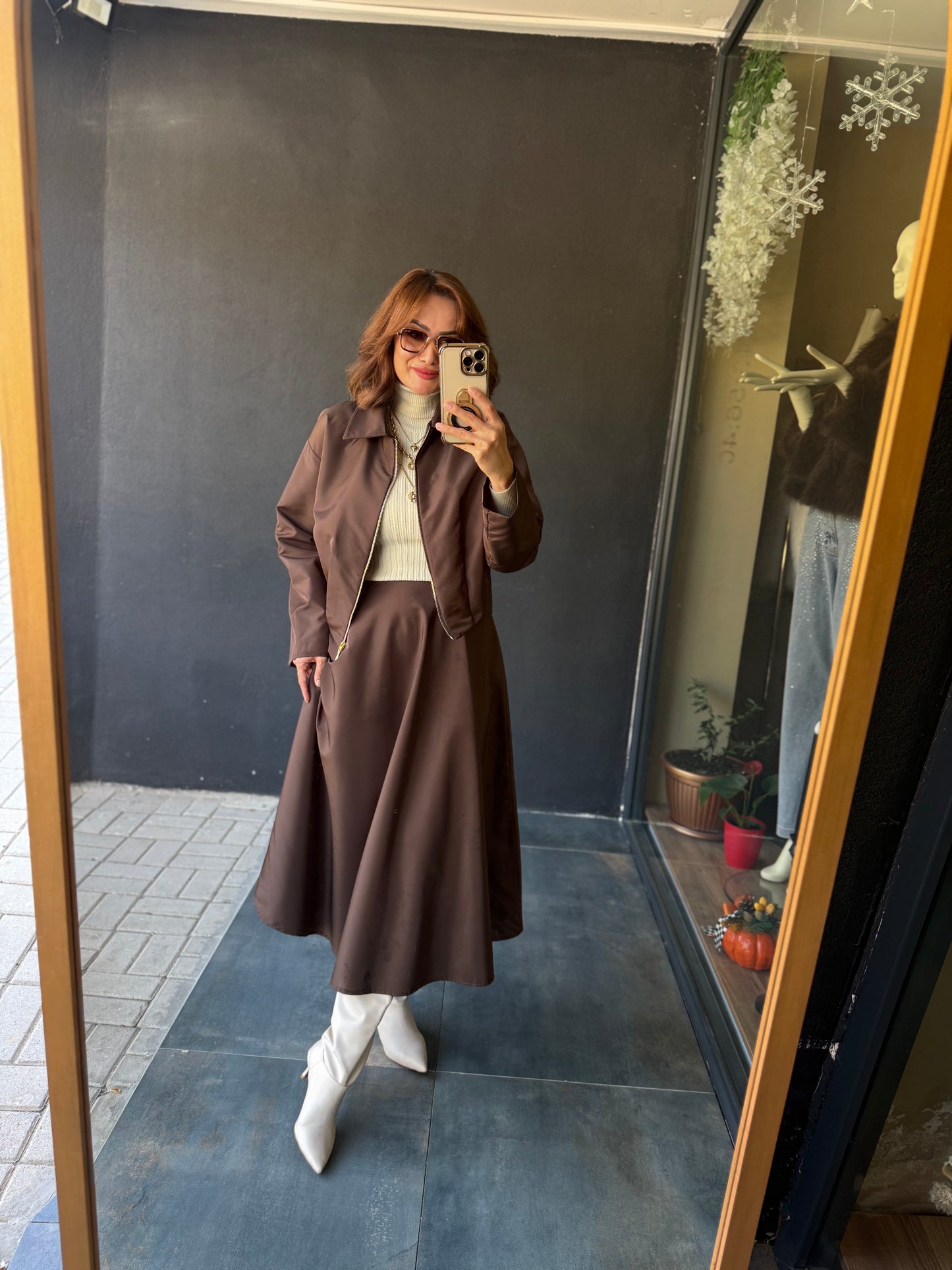 Pesto Kahve Paraşüt Etek&Ceket Takım