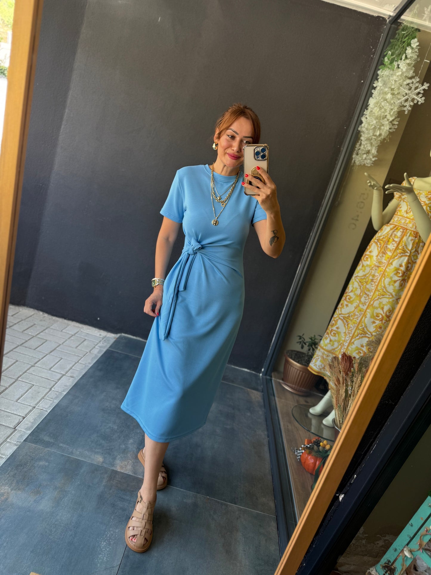 Fragman Modal Mavi Kuşaklı Elbise