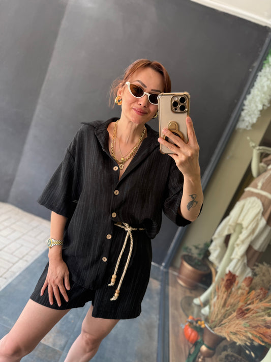 Bandido Siyah Keten Şort Takım