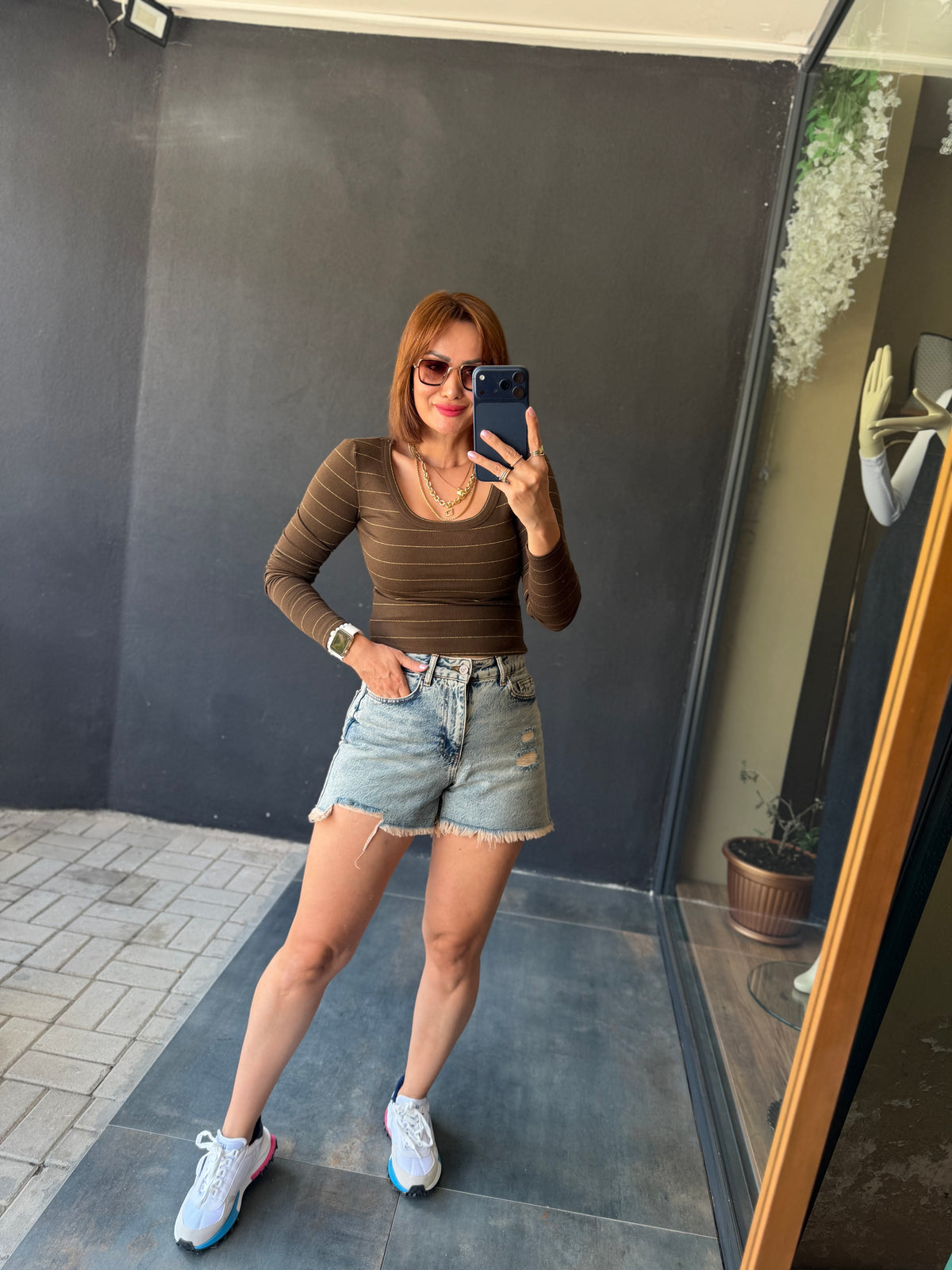 Norevia Kahve Çizgili U Yaka Body