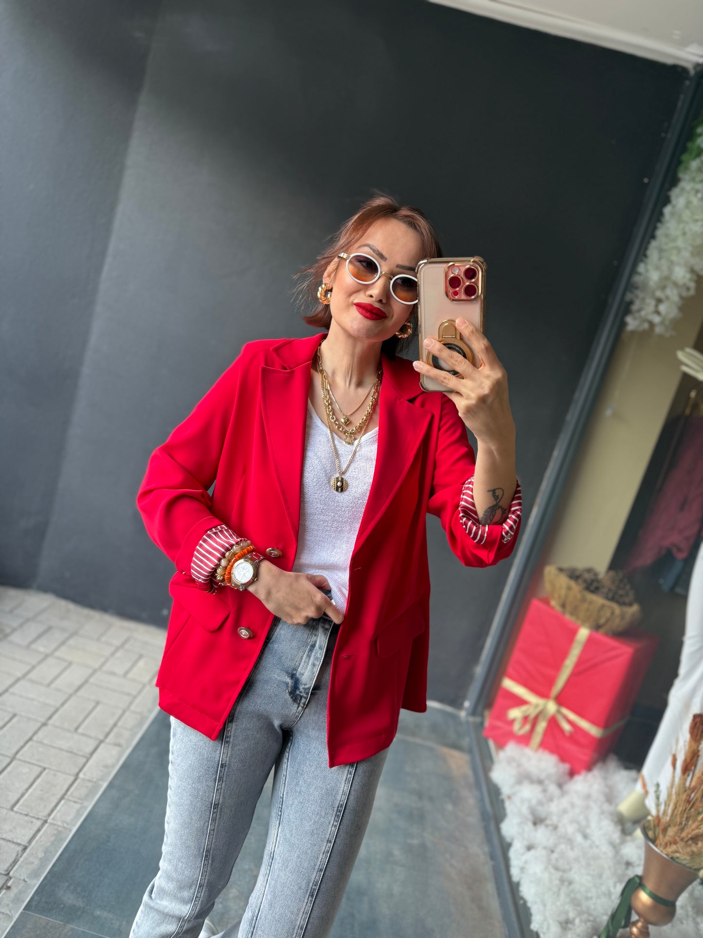 Red & Black Blazer Ceket Kırmızı
