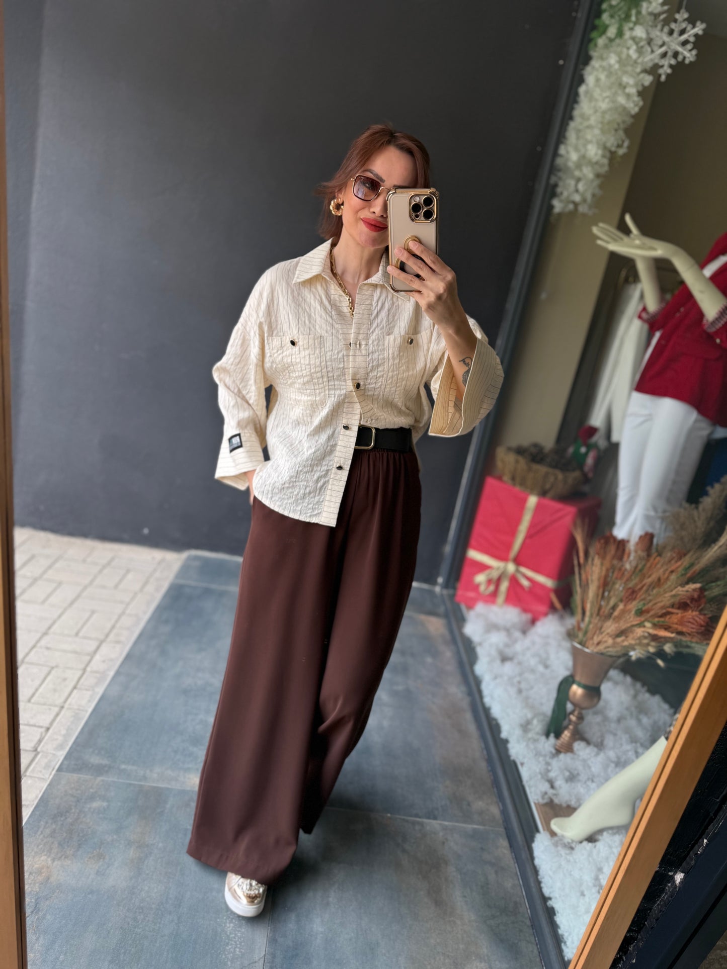 Maxi Ekru Çizgili Gömlek