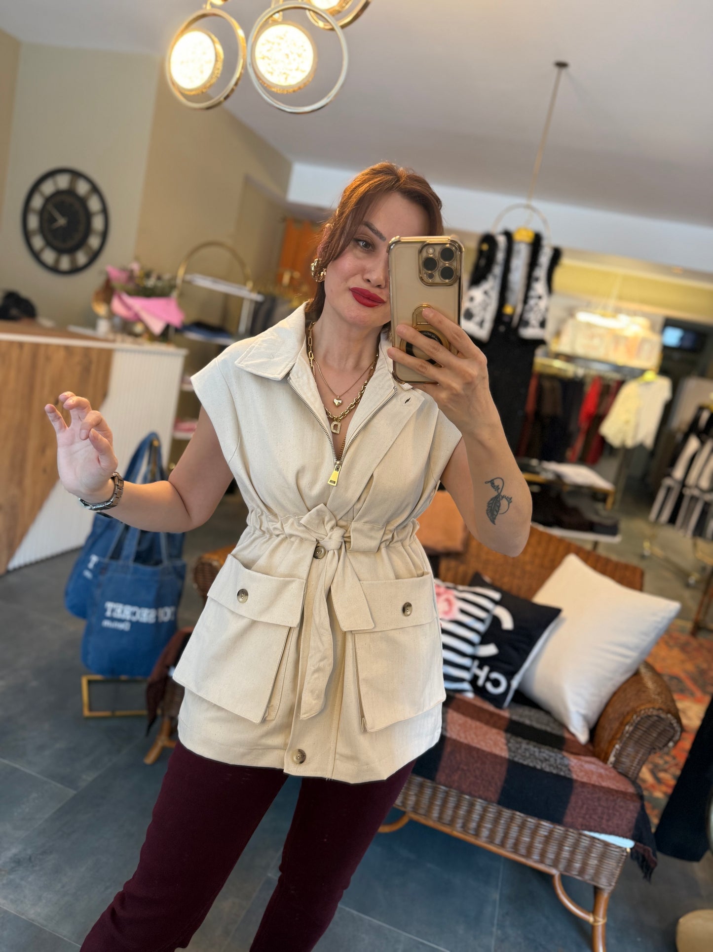 Deka Bel Bağlamalı Keten Yelek