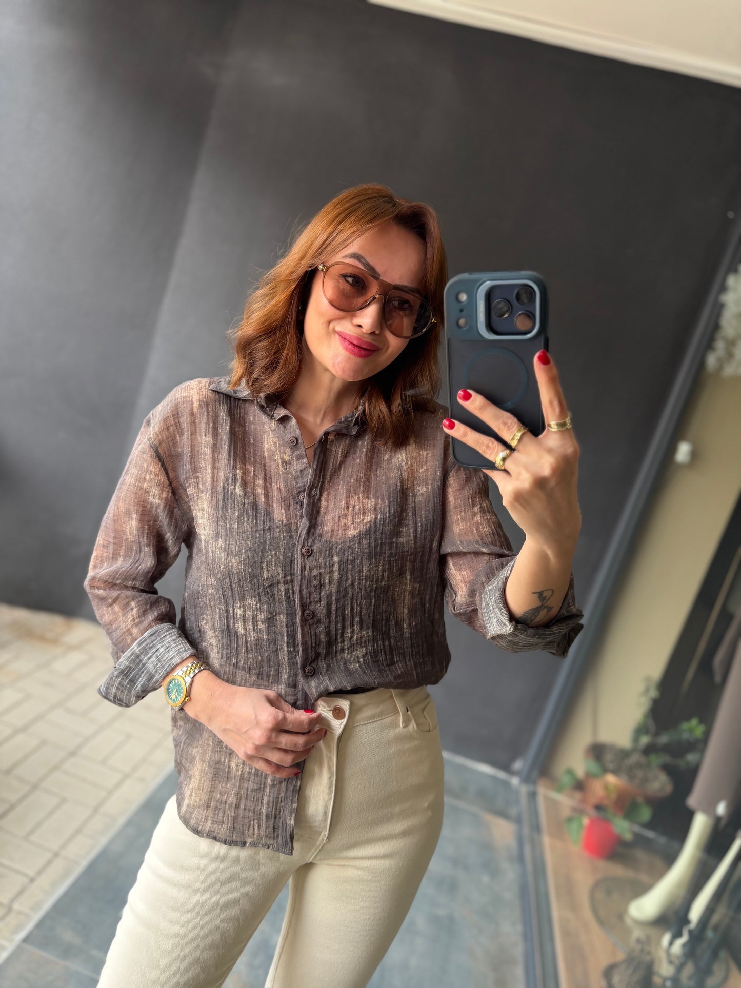 Vilen Kahve Transparan Gömlek