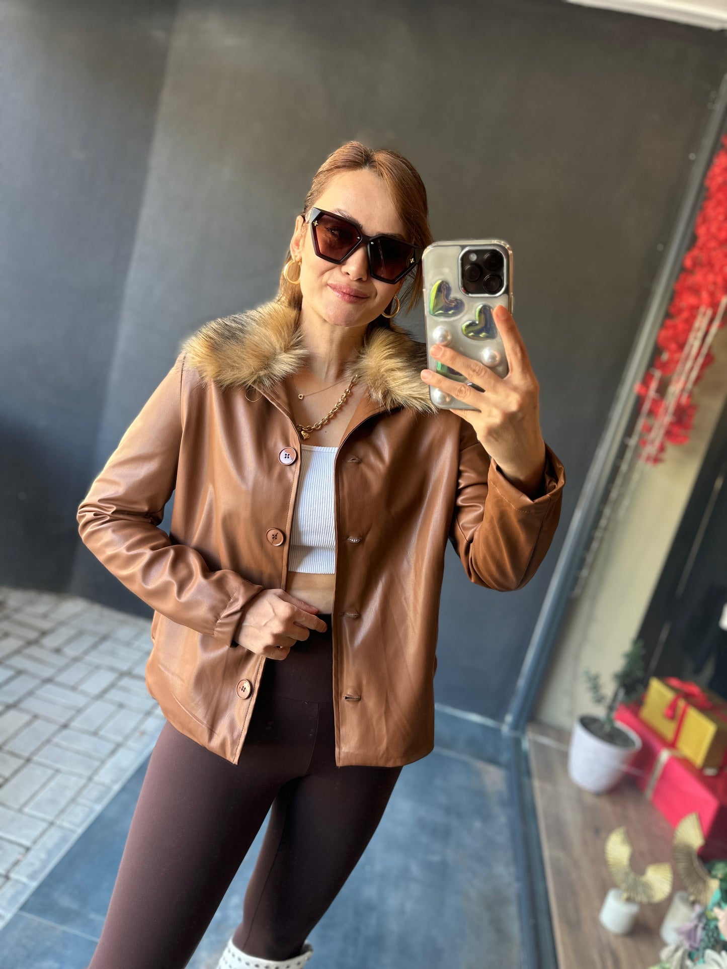 Opi Camel Kürklü Deri Ceket