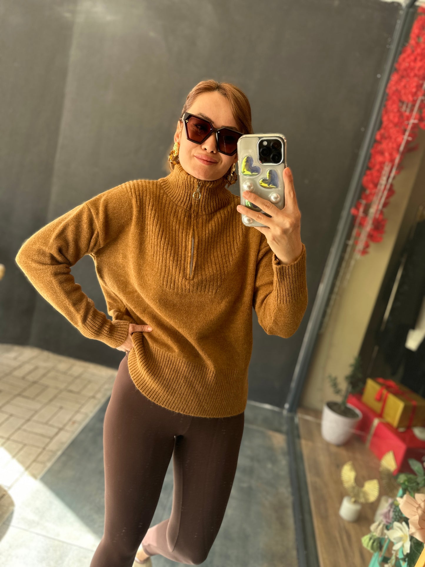 H&V 10 Camel Fermuarlı Kaşmir Kazak