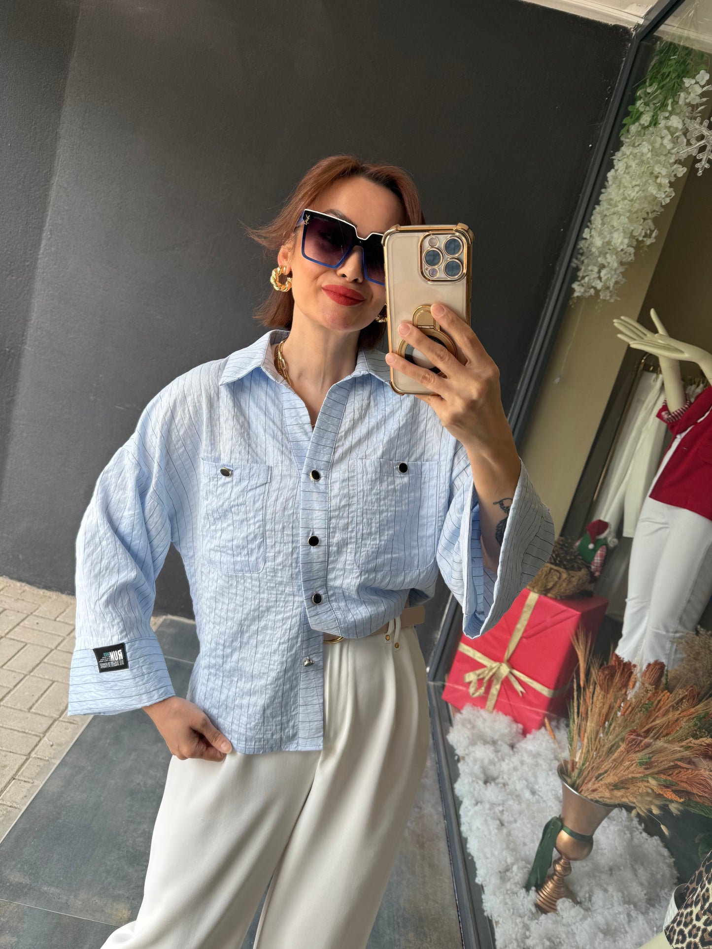 Maxi Çizgili Mavi Tensel Gömlek