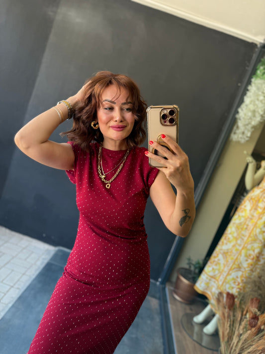 Shine Buzy Bordo Kalem Elbise