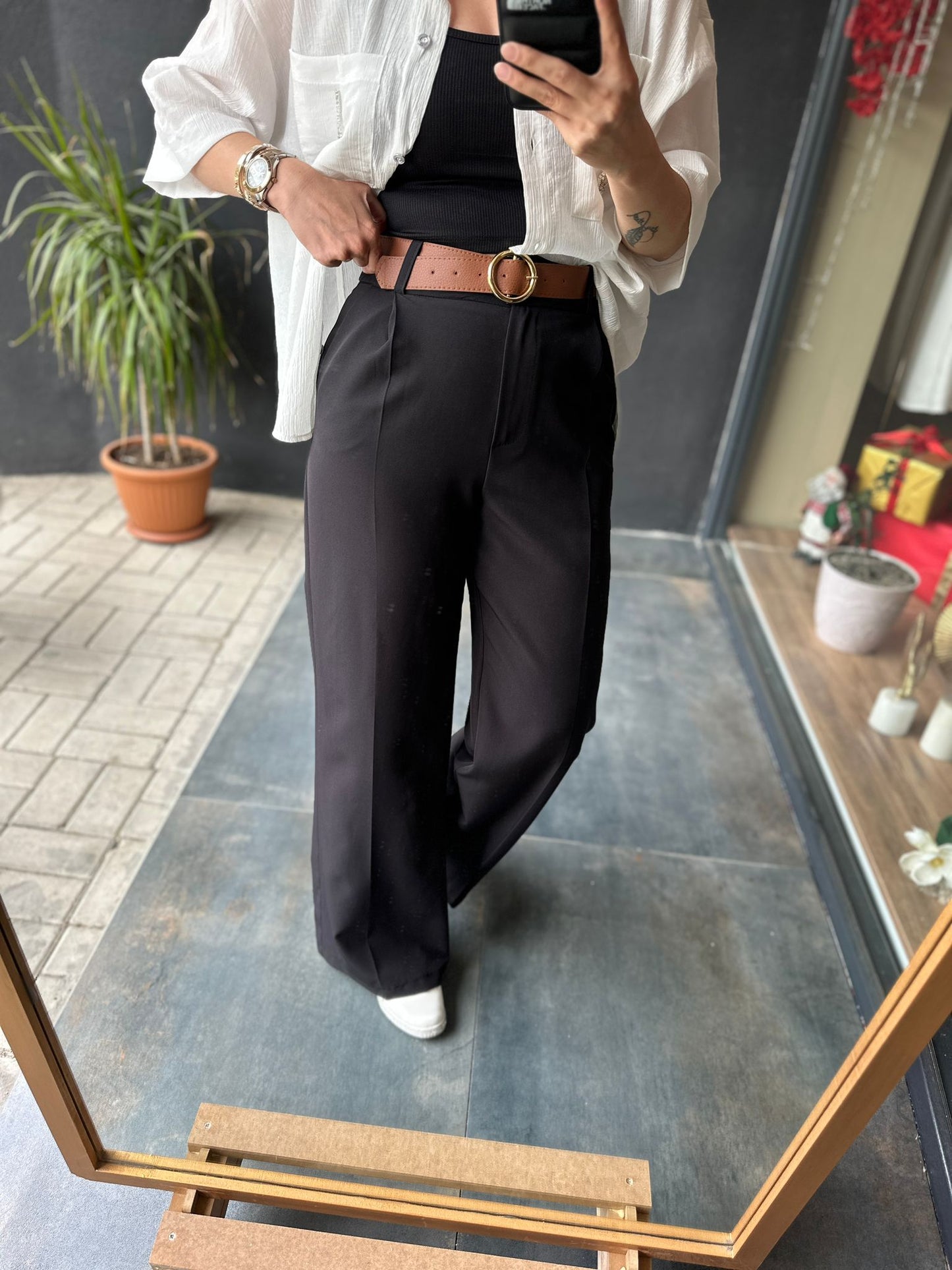 Siyah Kemerli Palazzo Pantolon