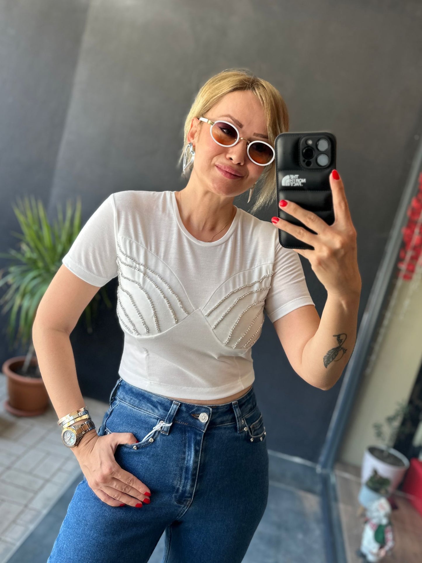 Fly Taşlı Crop T-Shirt