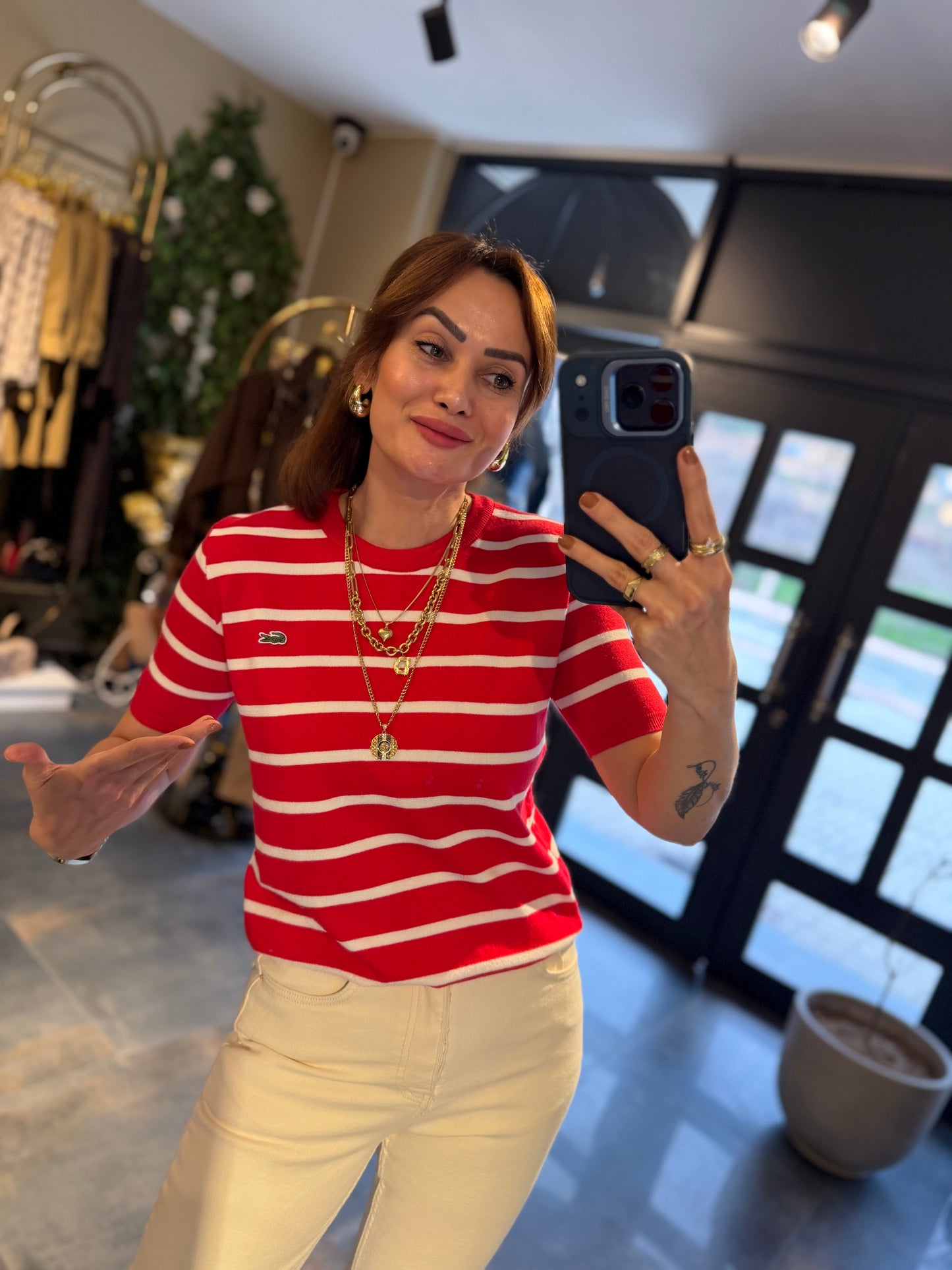 Misse Kırmızı / Beyaz Triko Dokulu T-Shirt