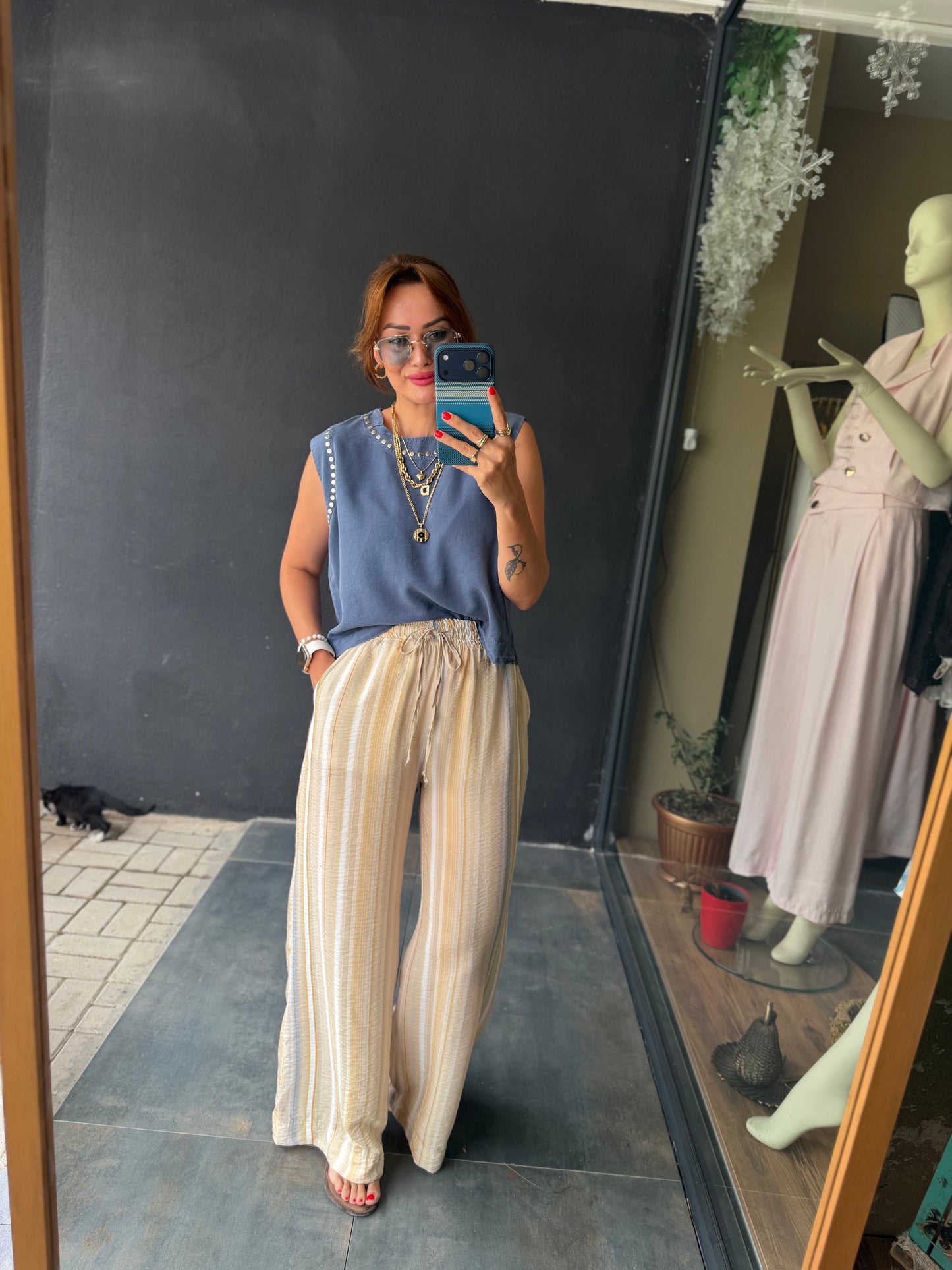 Sahara Bej Çizgili Bol Paça Pantolon & Bluz Takım