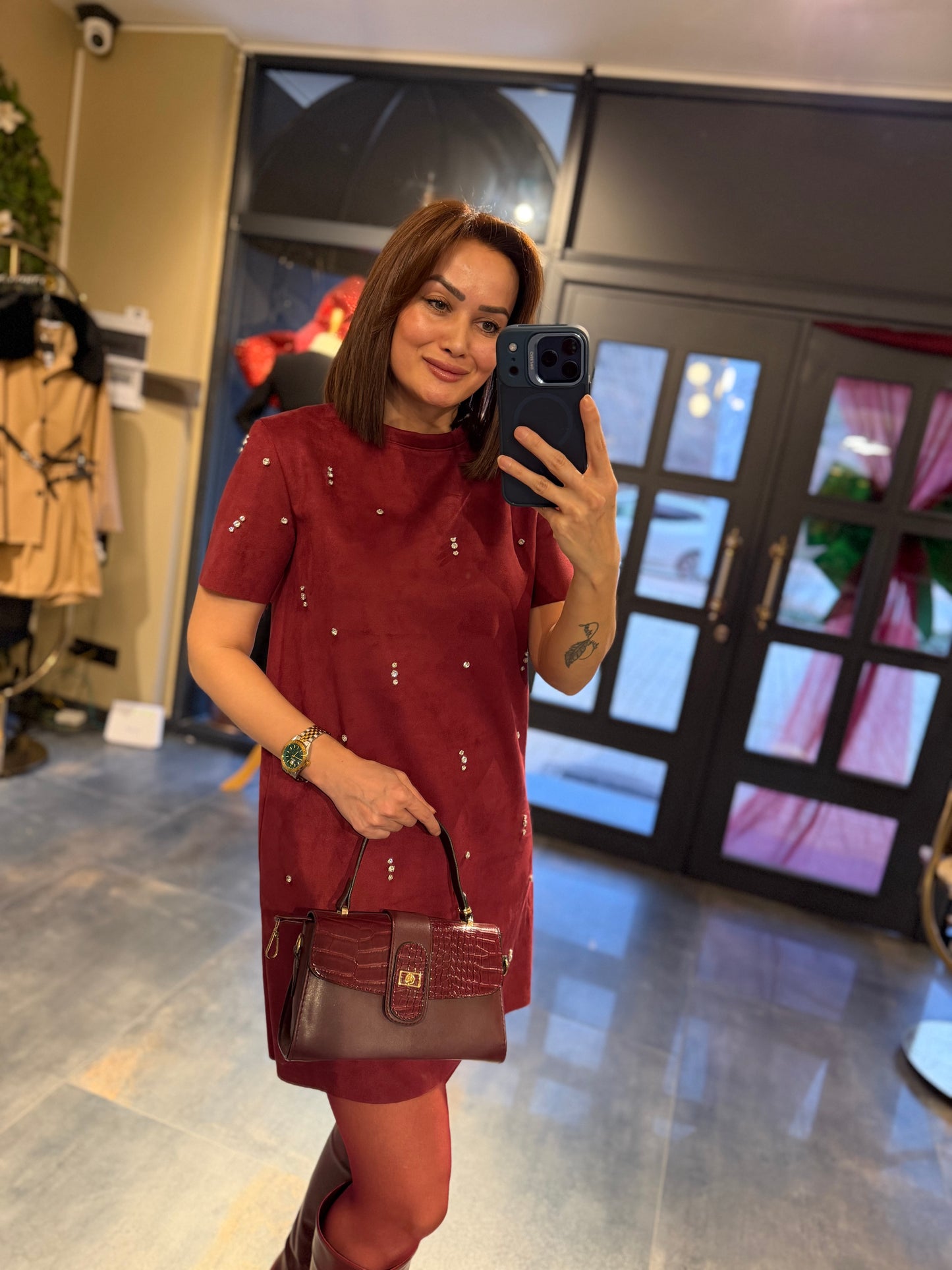 Moss Bordo Süet Taş Detay Elbise