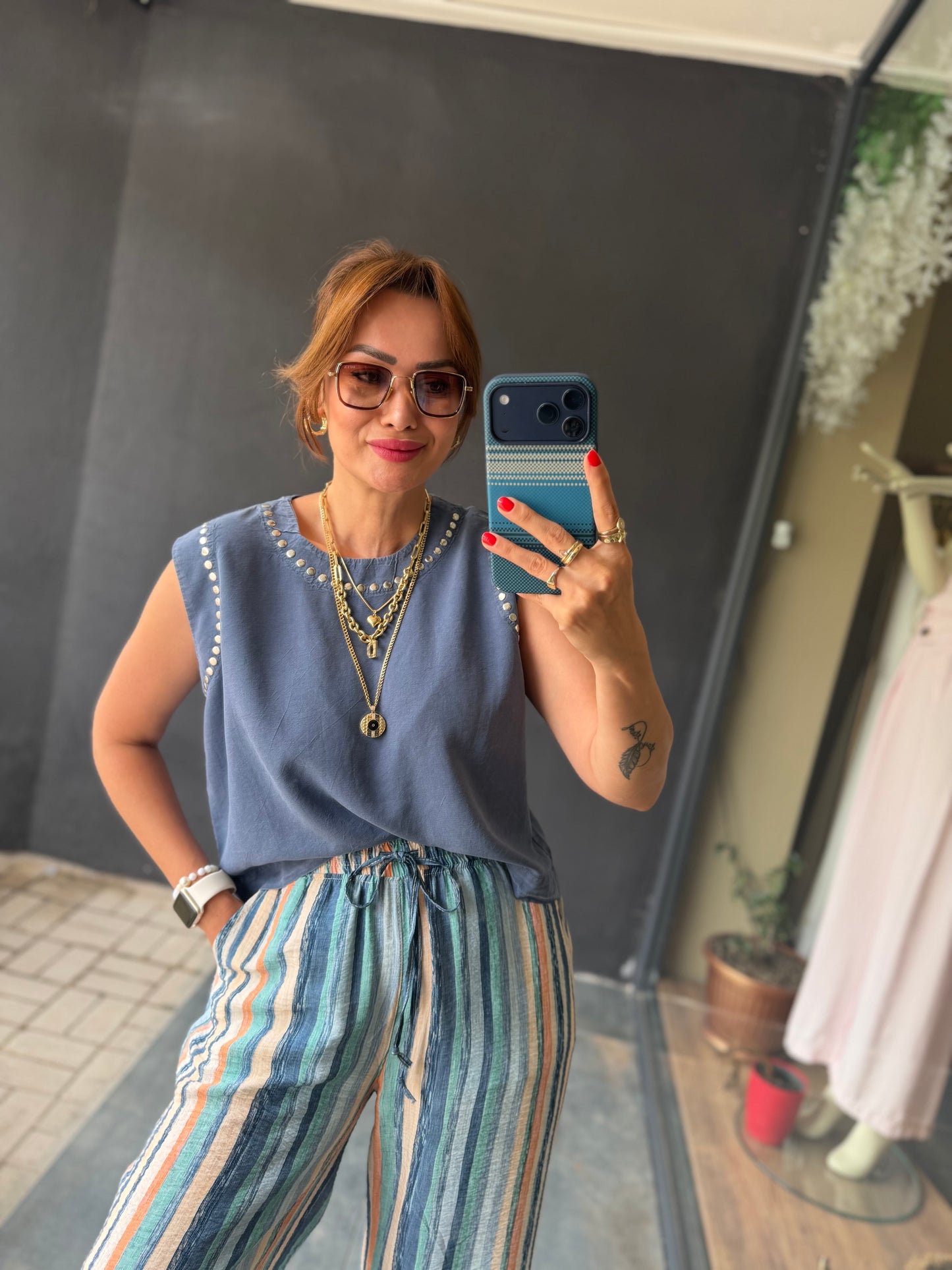 Sahara Mavi Çizgili Bol Paça Pantolon & Bluz Takım