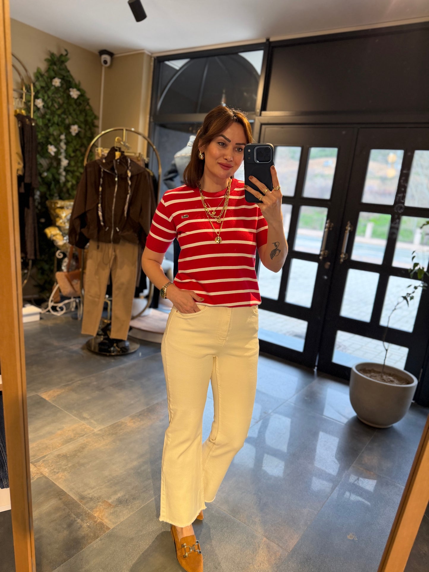 Misse Kırmızı / Beyaz Triko Dokulu T-Shirt