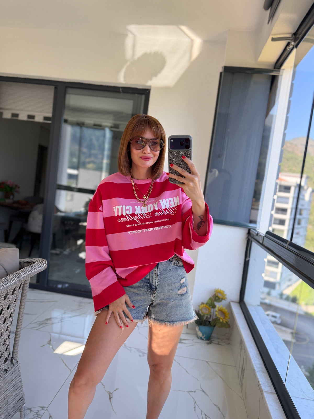 Firesh Pembe Çizgili Basic Sweat