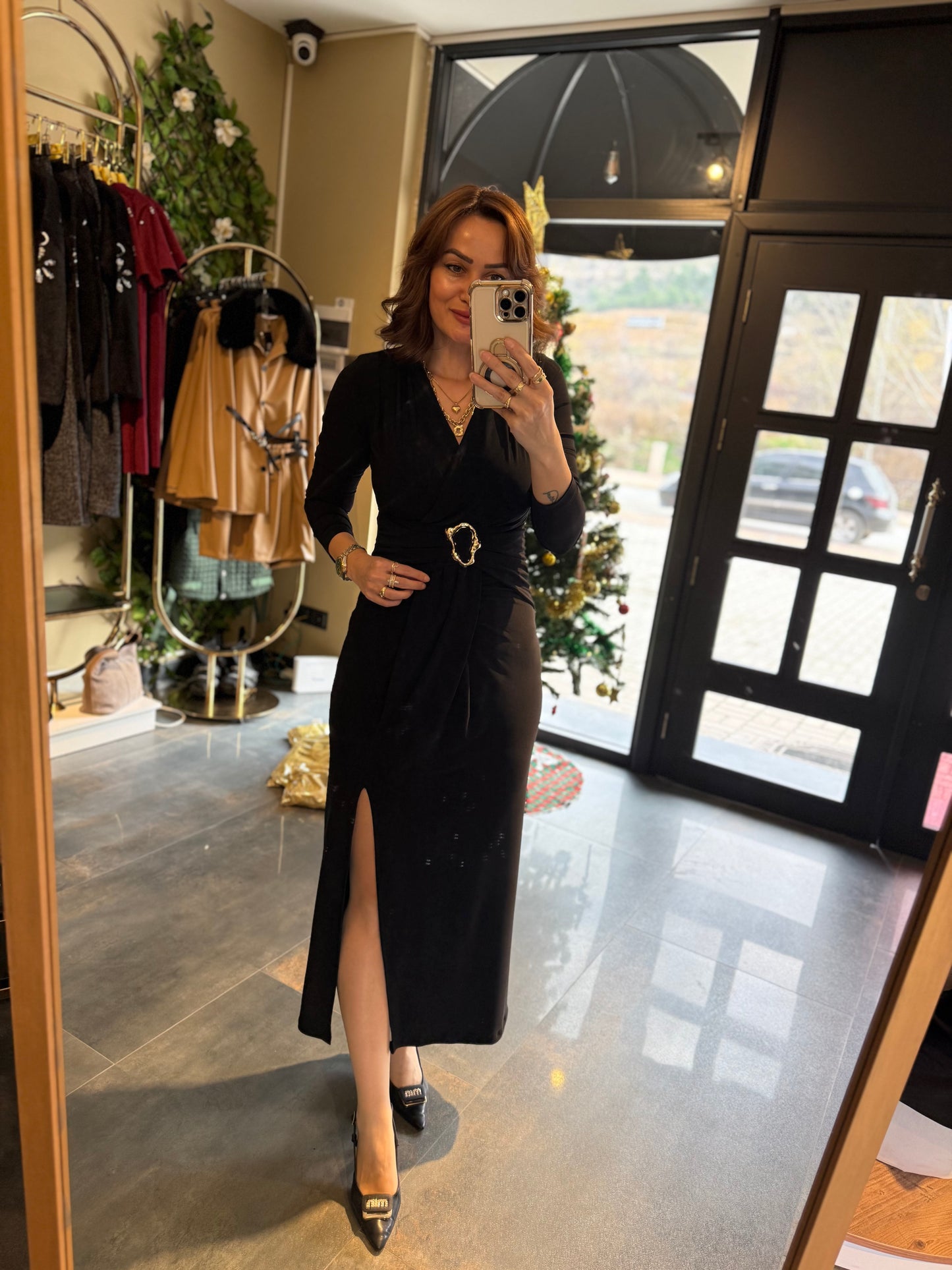 Nira Candy Kumaş Siyah Kemerli Elbise