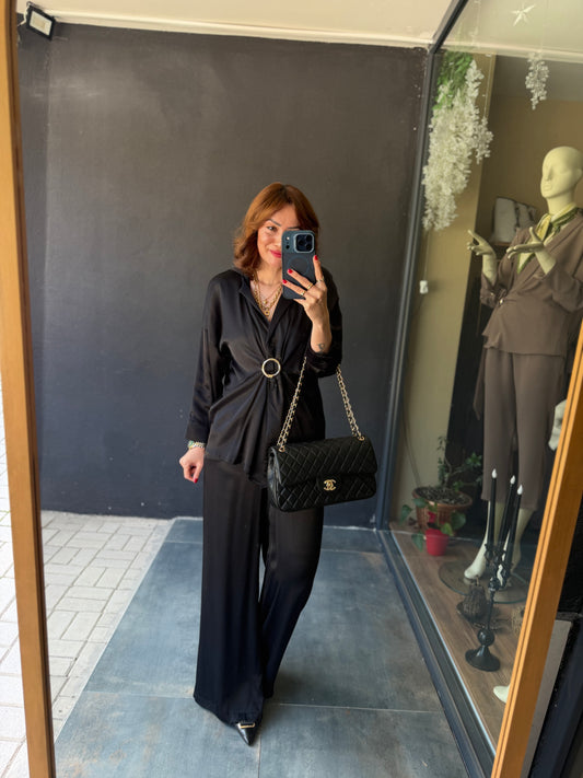 Lost Siyah Pamuklu Saten Broşlu Takım