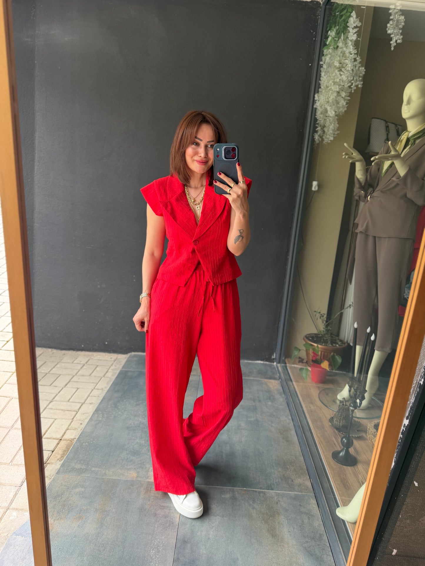 Jena Kırmızı Yelek & Pantolon Takım