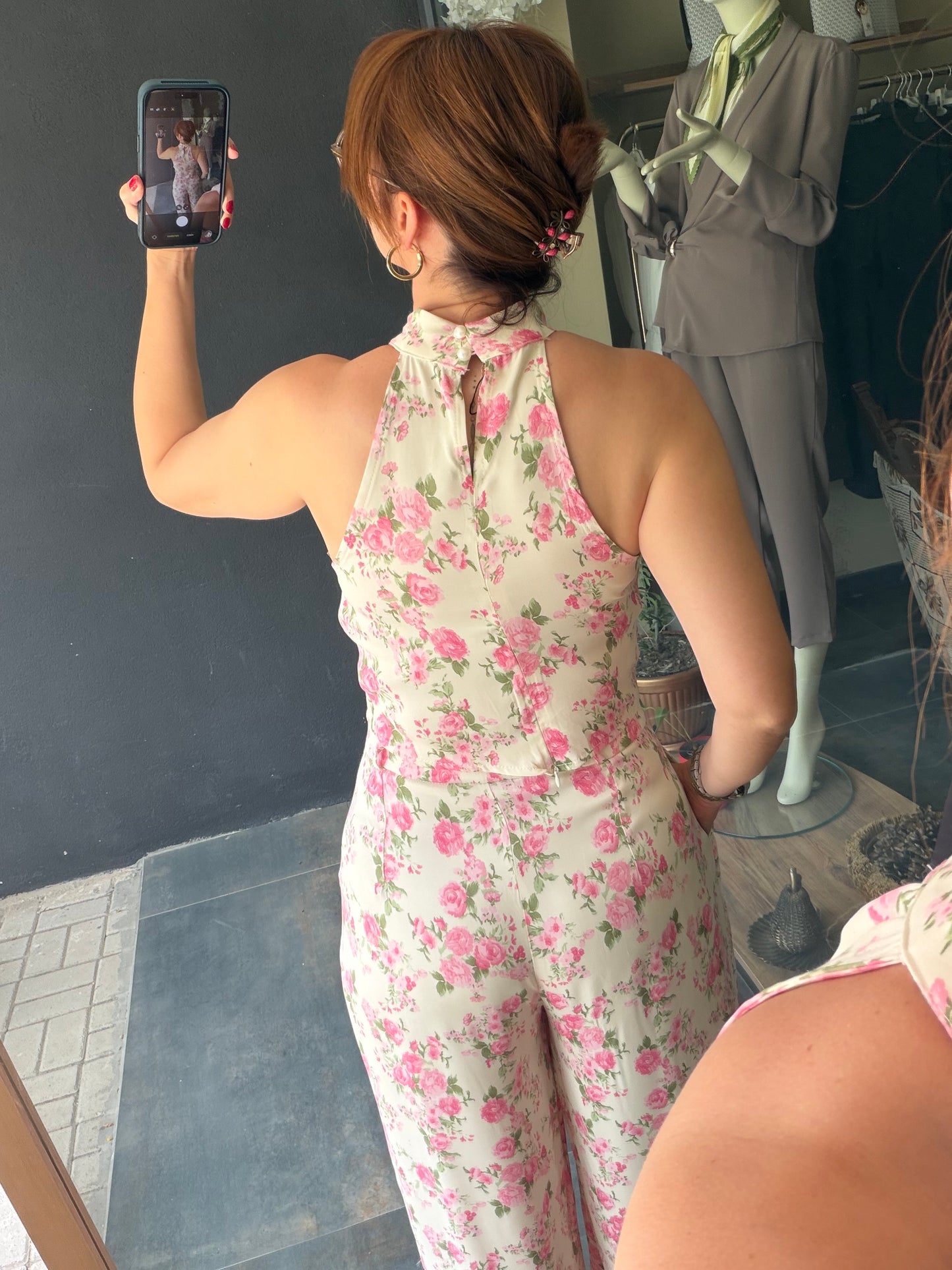 Pembe Çiçek Desenli Halter Yaka Yazlık Palazzo Pantolon Takım